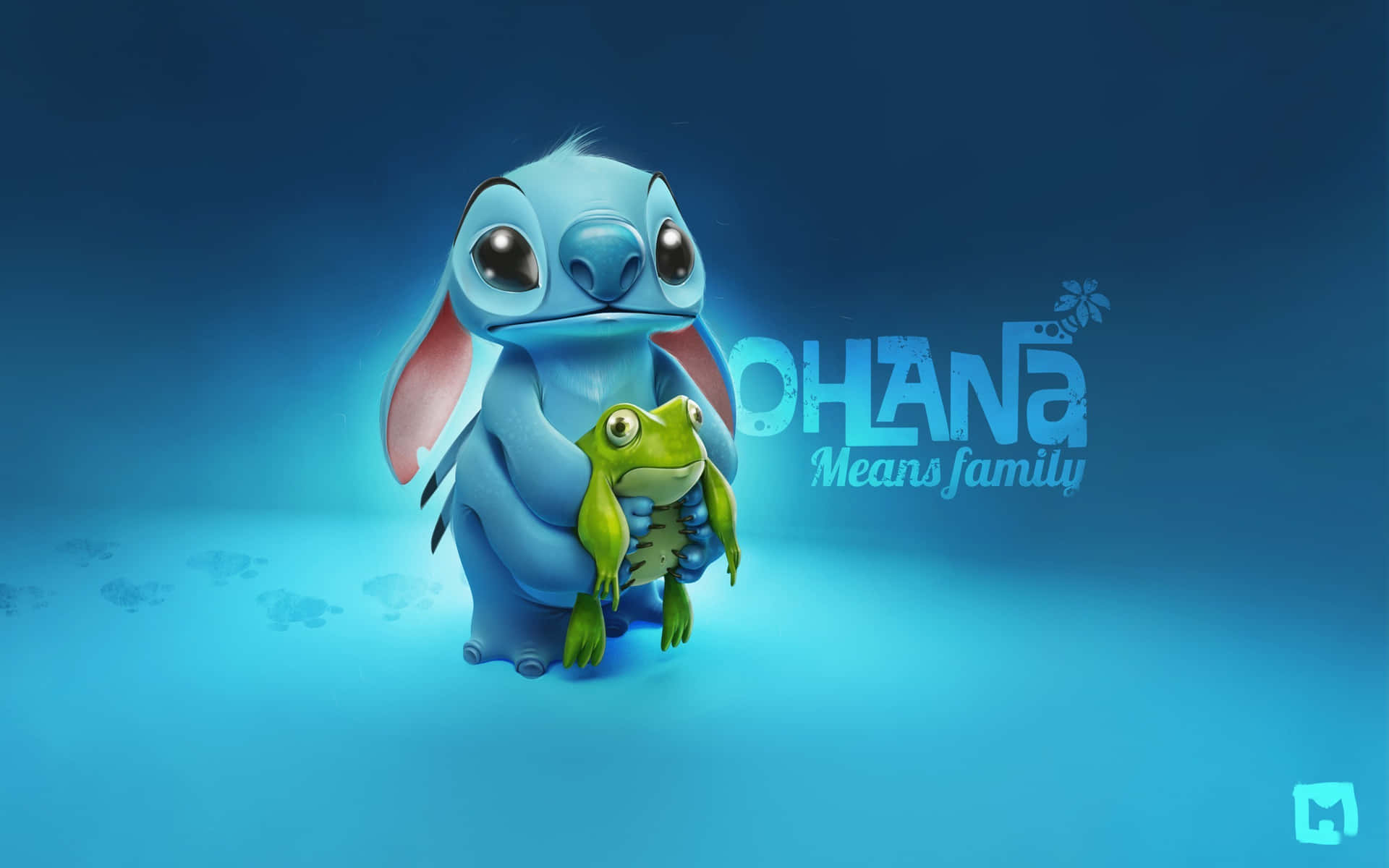 史迪奇抱著青蛙，旁邊有發光的文字「Ohana Means Family」。