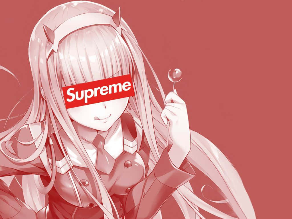 惡魔角動漫女孩手持棒棒糖，紅色Supreme標誌遮住她的眼睛。
