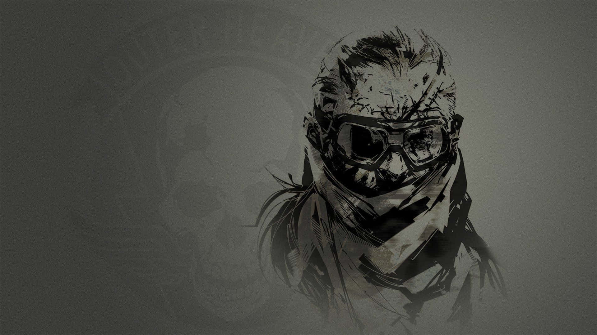 以Tactica裝備為自己與他人做好每項任務準備 壁紙 — 一幅粗糙的數位藝術肖像，描繪一個戴面具的人物，背景有護目鏡和骷髏標誌。