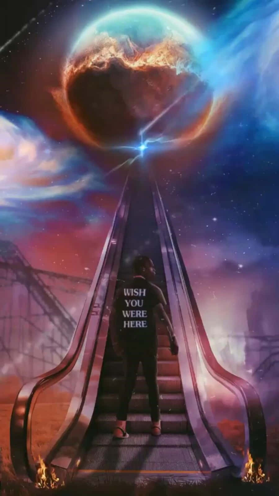 在扶手電梯上的人，正前往宇宙天空中發光的行星