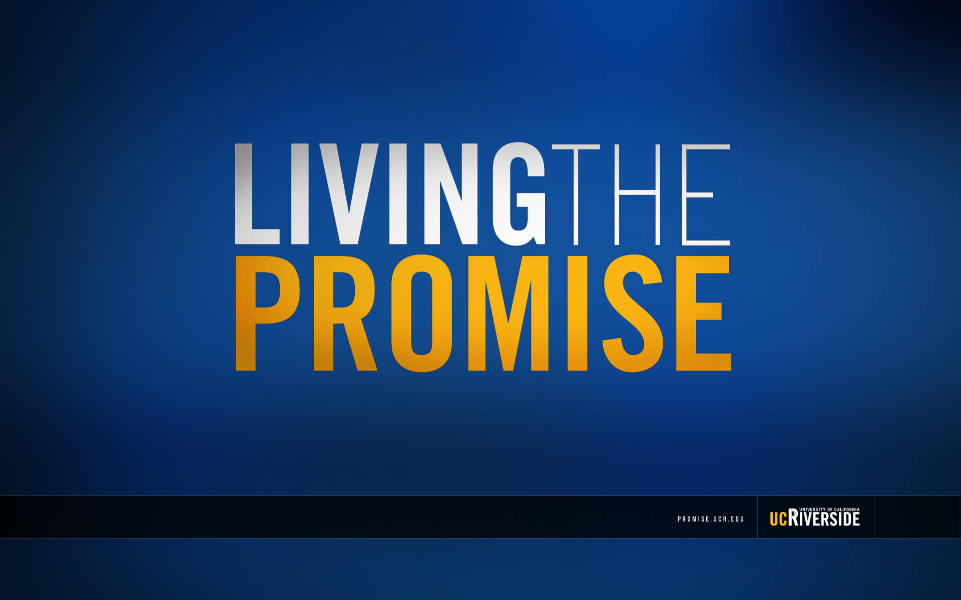 粗體文字 'LIVING THE PROMISE' 以白色和金色顯示在藍色漸變背景上。