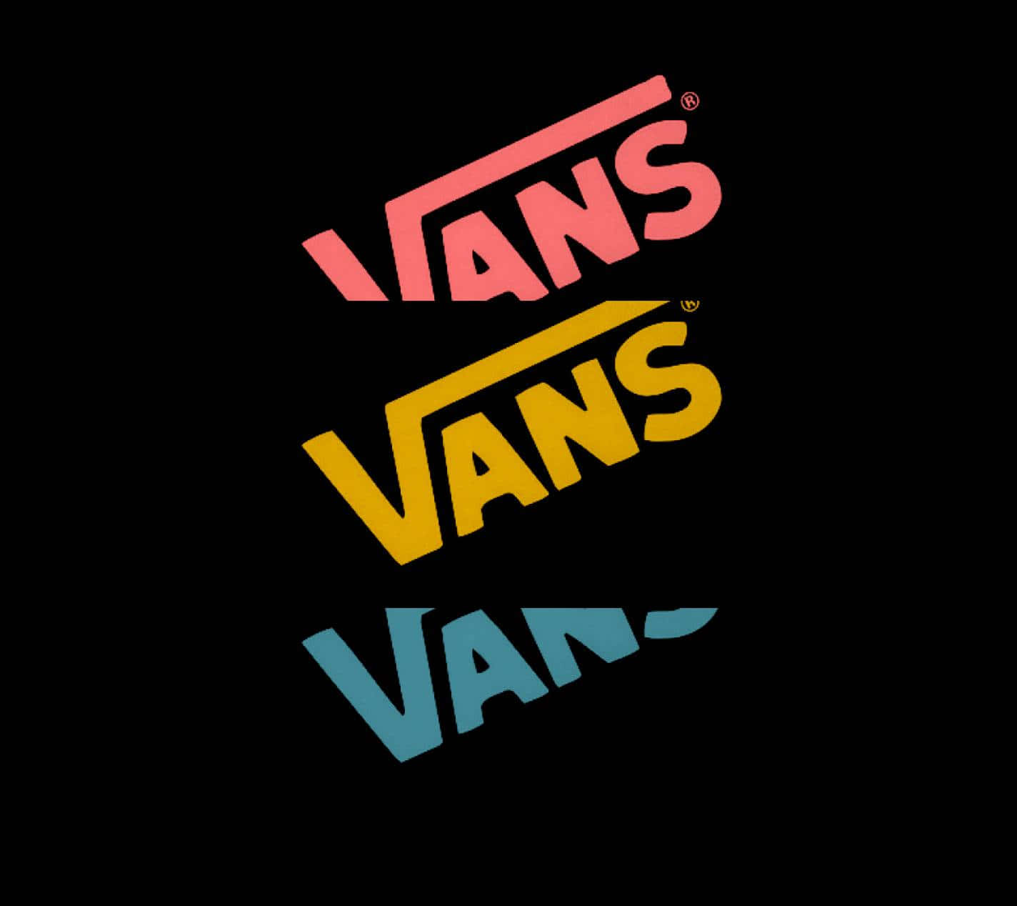 三個Vans標誌以粉紅色、黃色和藍色在黑色背景上