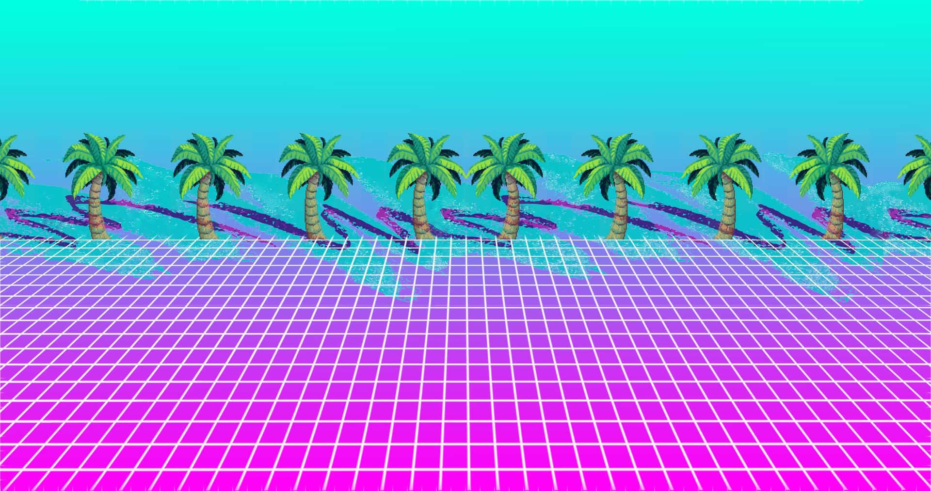 霓虹網格景觀，棕櫚樹在青色天空下。