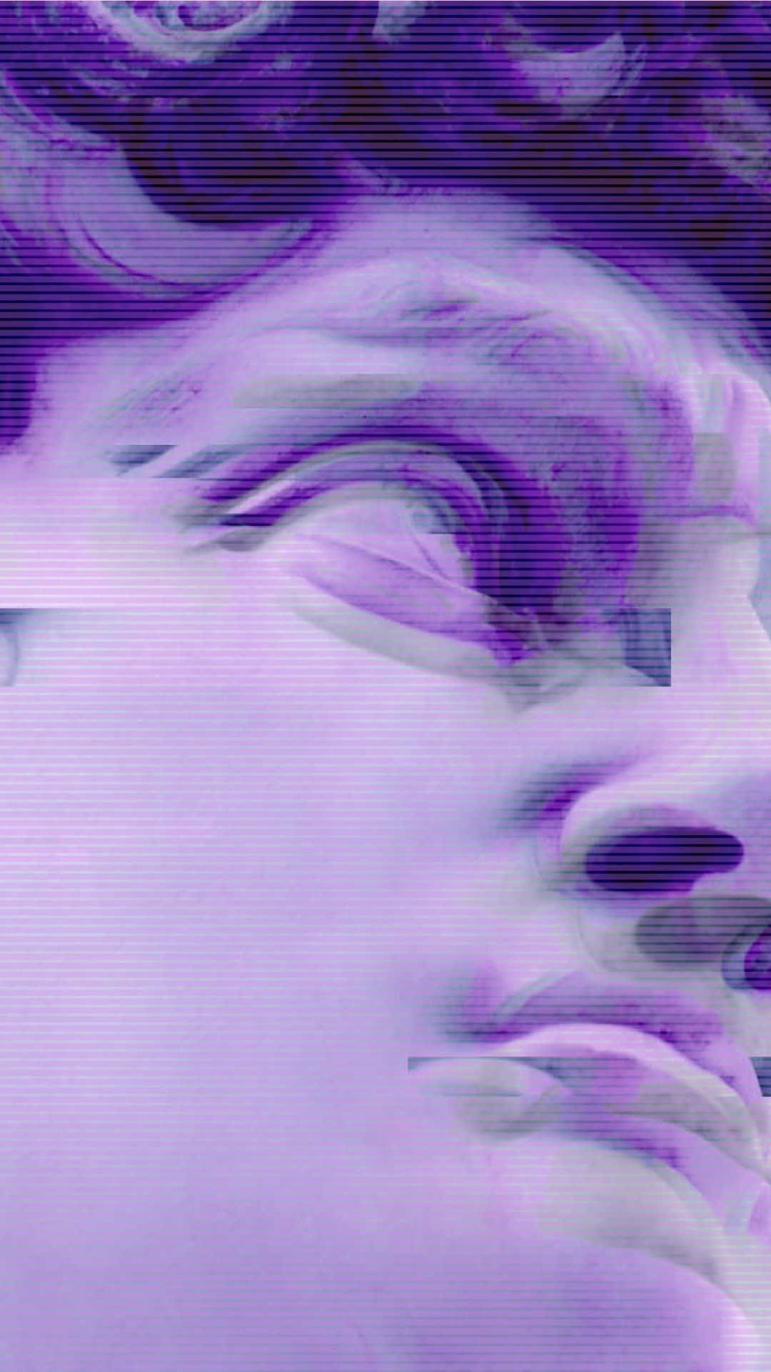 帶有紫色和白色數位扭曲的故障效果肖像。