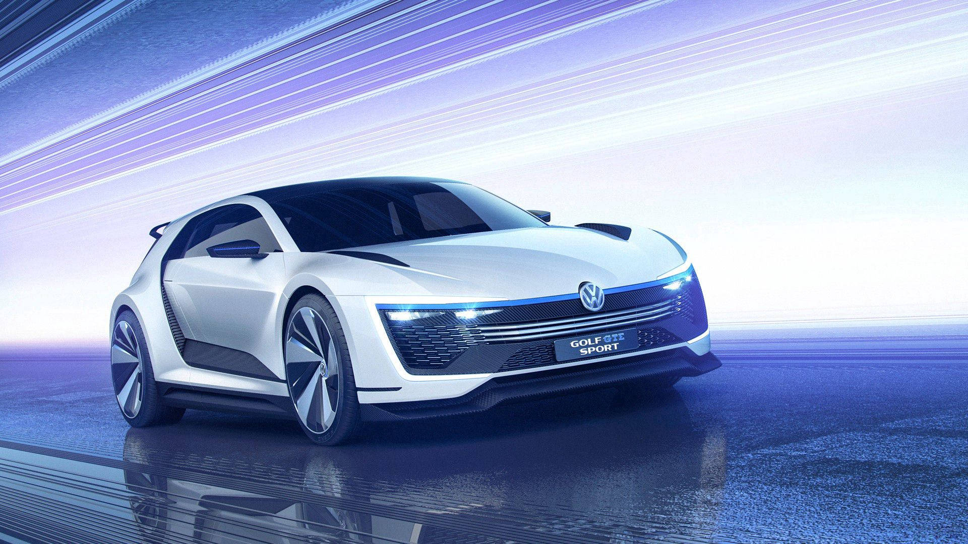 未來感白色Volkswagen Golf GTI Sport概念車在反射表面上，背景為動態模糊。