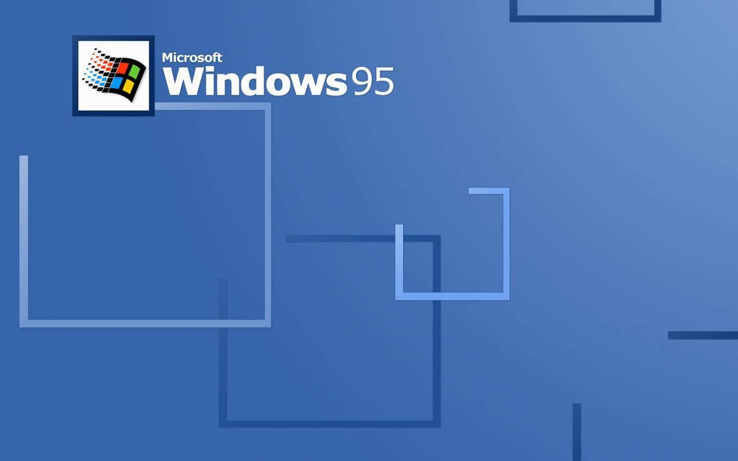 以Windows 95探索無限可能 壁紙 — 經典 Windows 95 標誌，帶有彩色視窗圖示和白色文字，位於漸變藍色背景上，並有浮動幾何形狀。