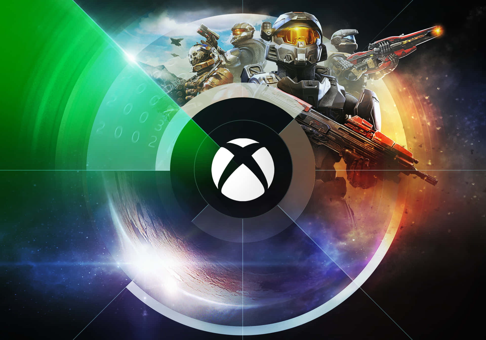 Halo 士兵穿著盔甲，在太空中圍繞 Xbox 標誌手持武器