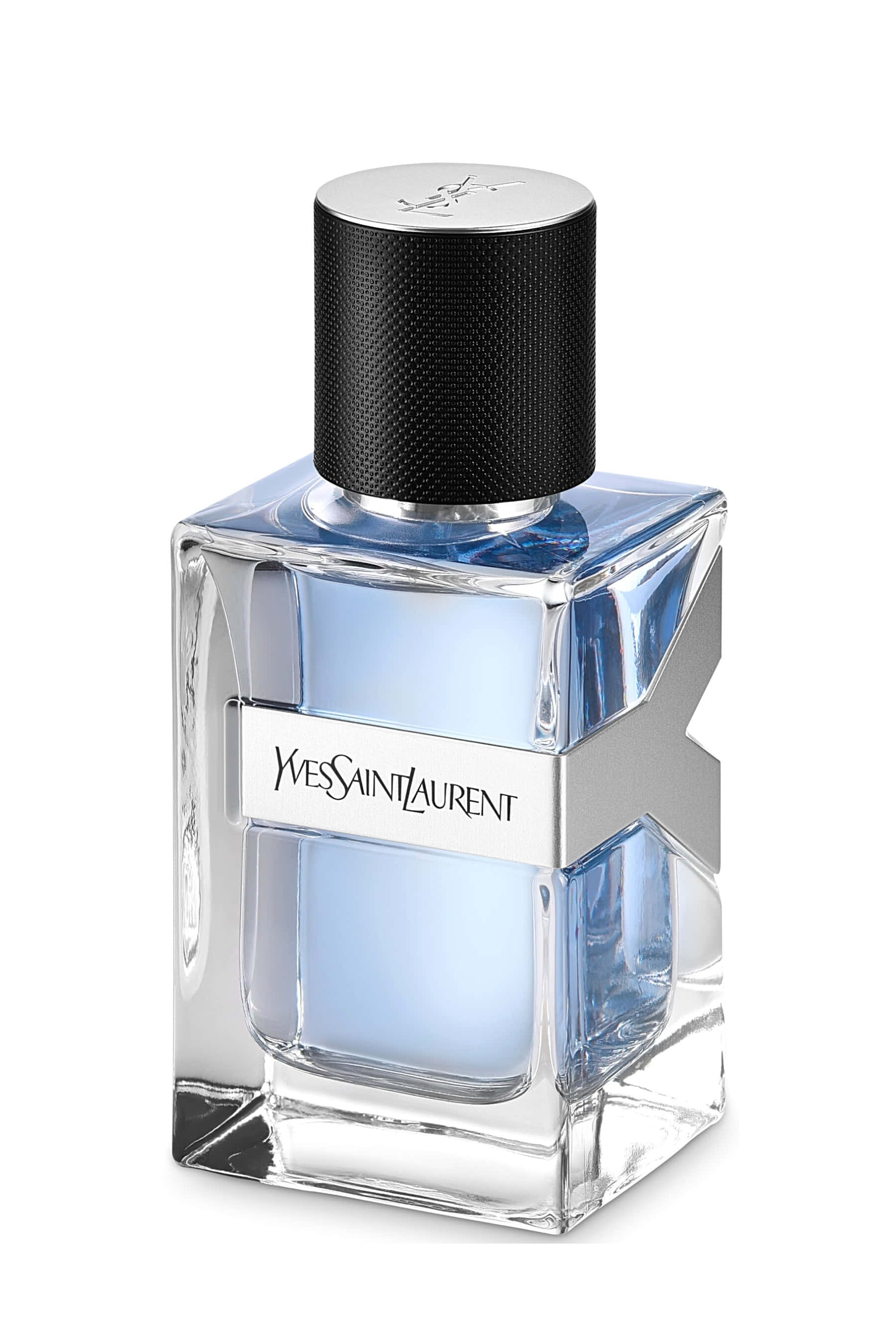 「以YSL Beaute啟動你的想像力」 壁紙 — 一個時尚的 Yves Saint Laurent 香水瓶，帶有黑色紋理蓋子和銀色標籤，背景為白色。