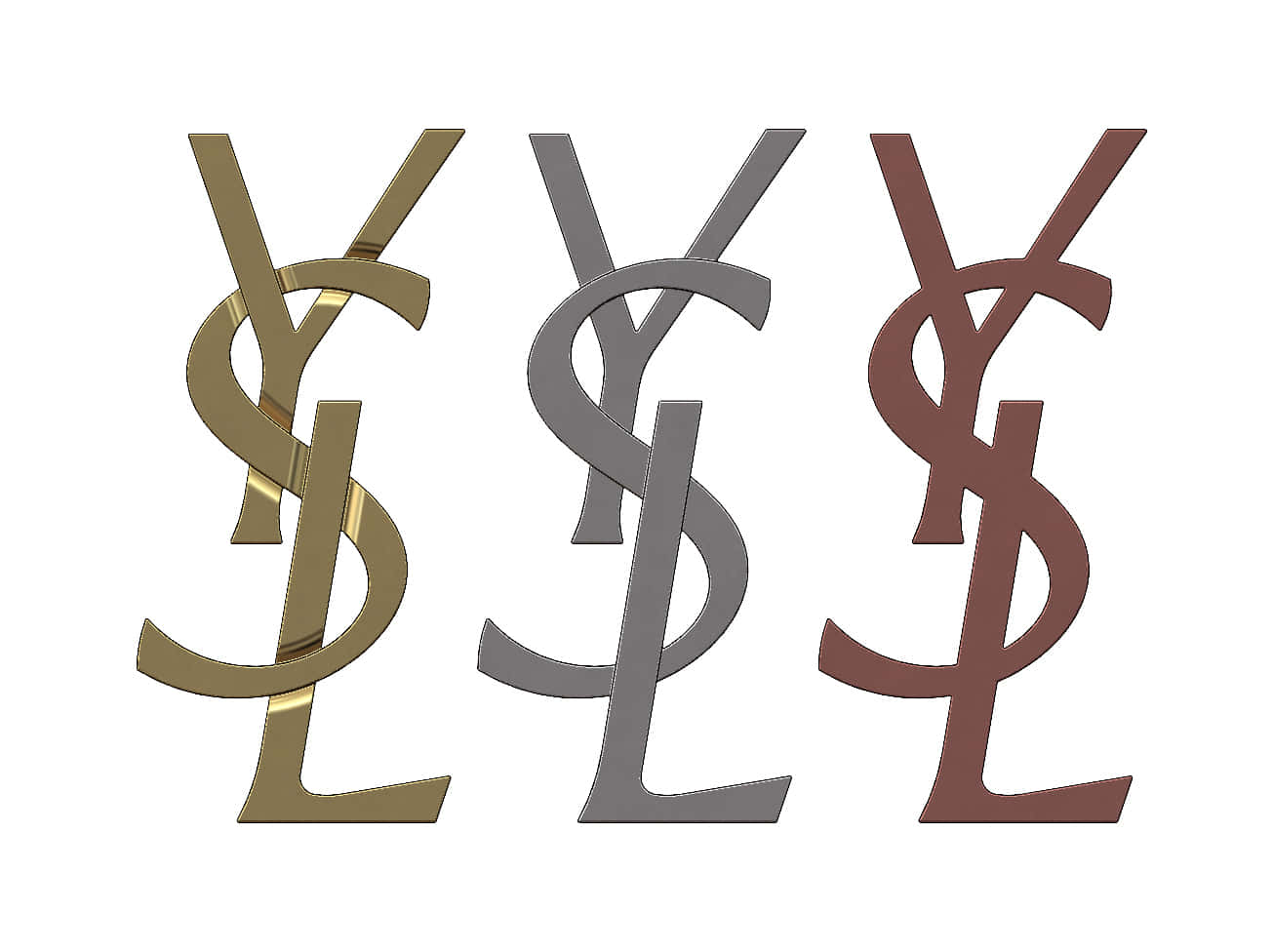 以YSL展現獨特風采 壁紙 — 三個YSL字母組合標誌，採用金色、銀色和棕色金屬質感，獨立展示在白色背景上。