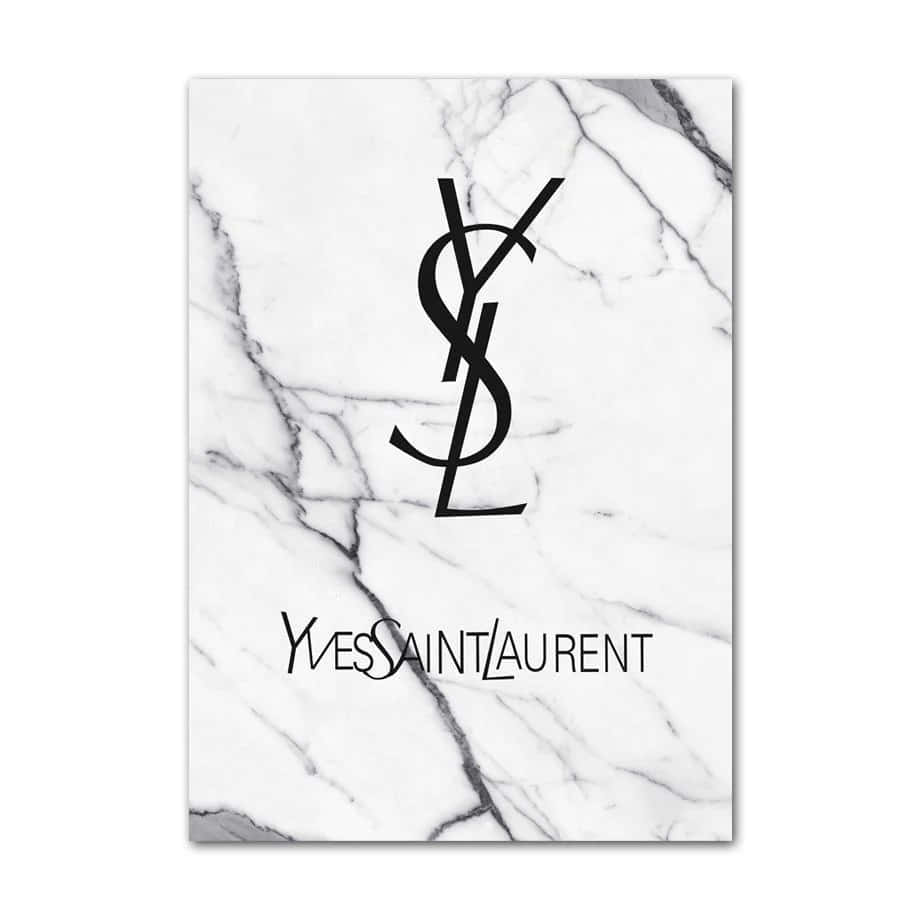 以YSL提升你的時尚品味 壁紙 — 一張極簡海報，黑色YSL標誌印在帶有灰色紋理的白色大理石背景上。