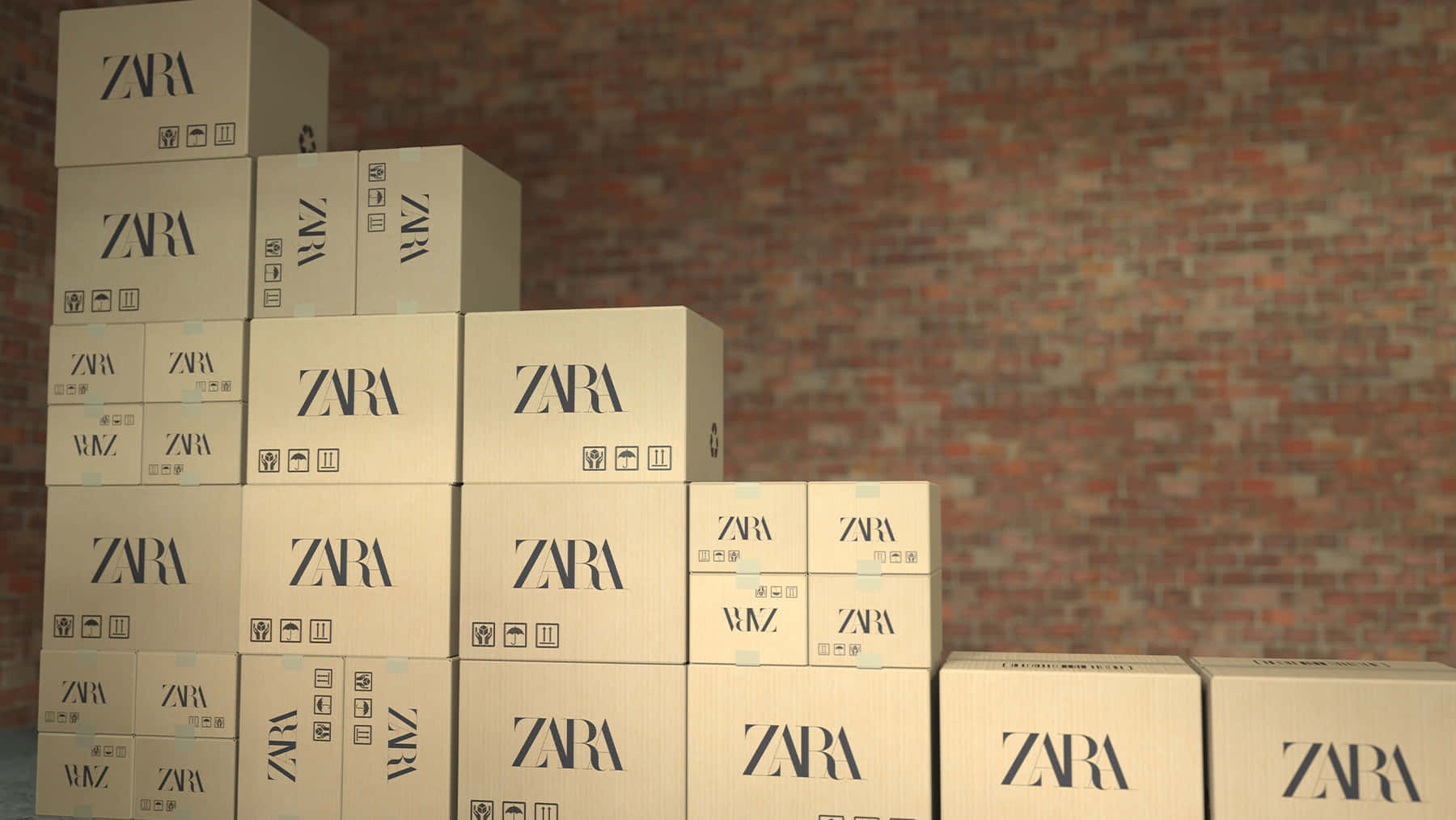 以Zara啟發你活出最美好的人生 壁紙 — 以風化磚牆為背景，Zara 紙箱以階梯狀排列堆疊。