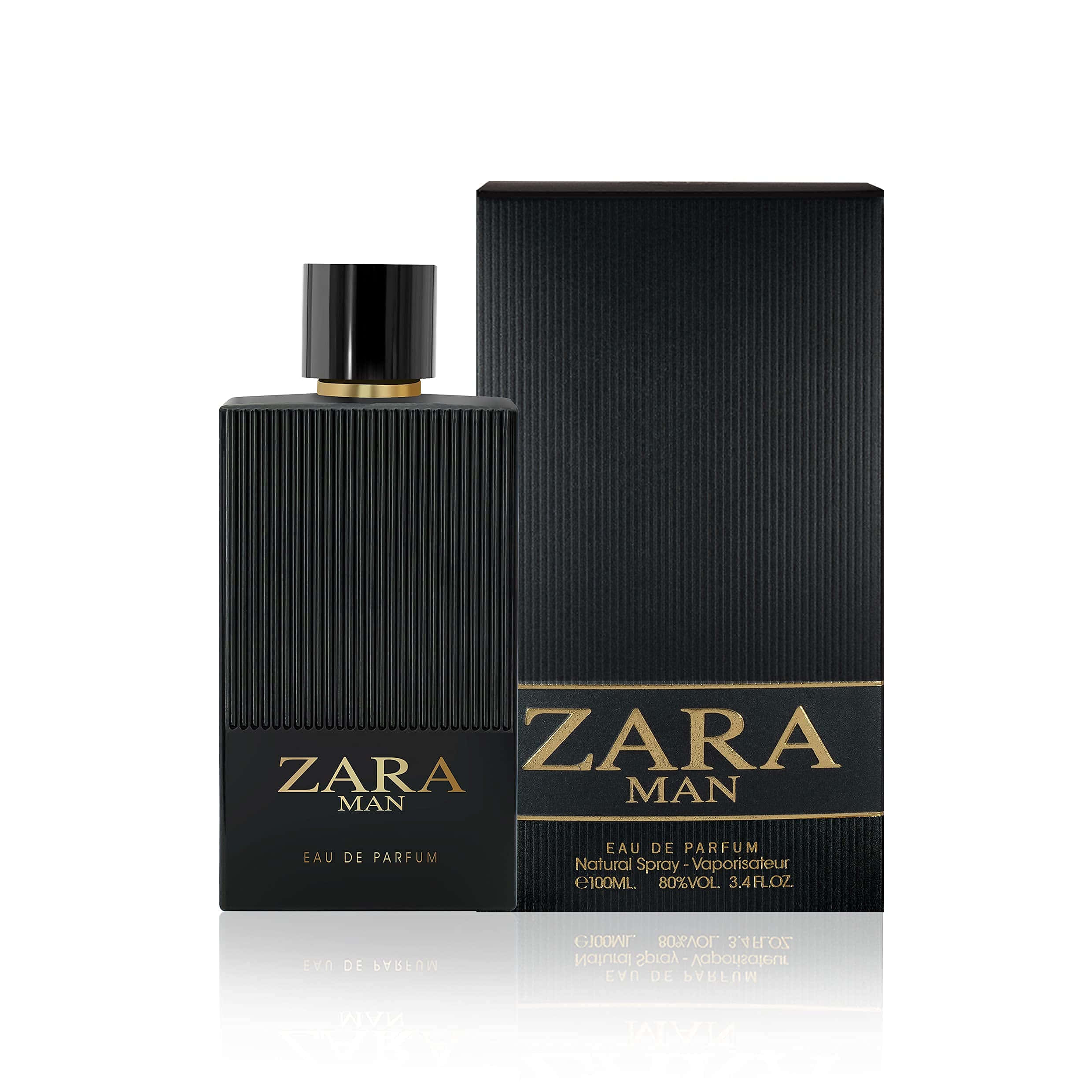以Zara最新潮流展現迷人風采 壁紙 — 一個時尚的黑色Zara Man香水瓶，帶有金色點綴，放在反射的白色表面上，旁邊是匹配的盒子。