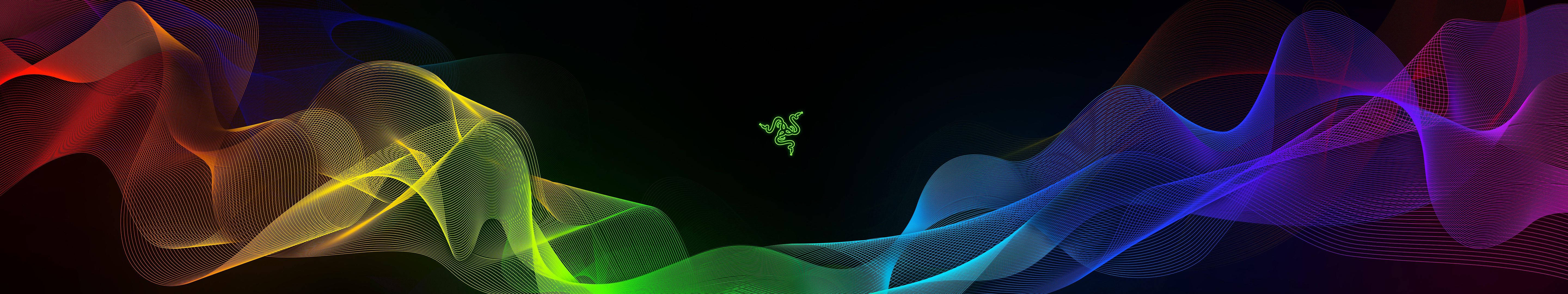 動態的彩虹色數碼波浪，中央有一個綠色Razer標誌。