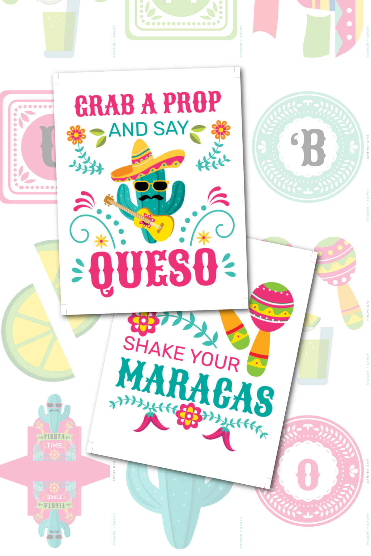 以世界各國旗幟慶祝五月五日！ 壁紙 — 充滿活力的 papel picado 風格派對卡片，上有仙人掌音樂家和沙槌，背景為粉彩圖案。