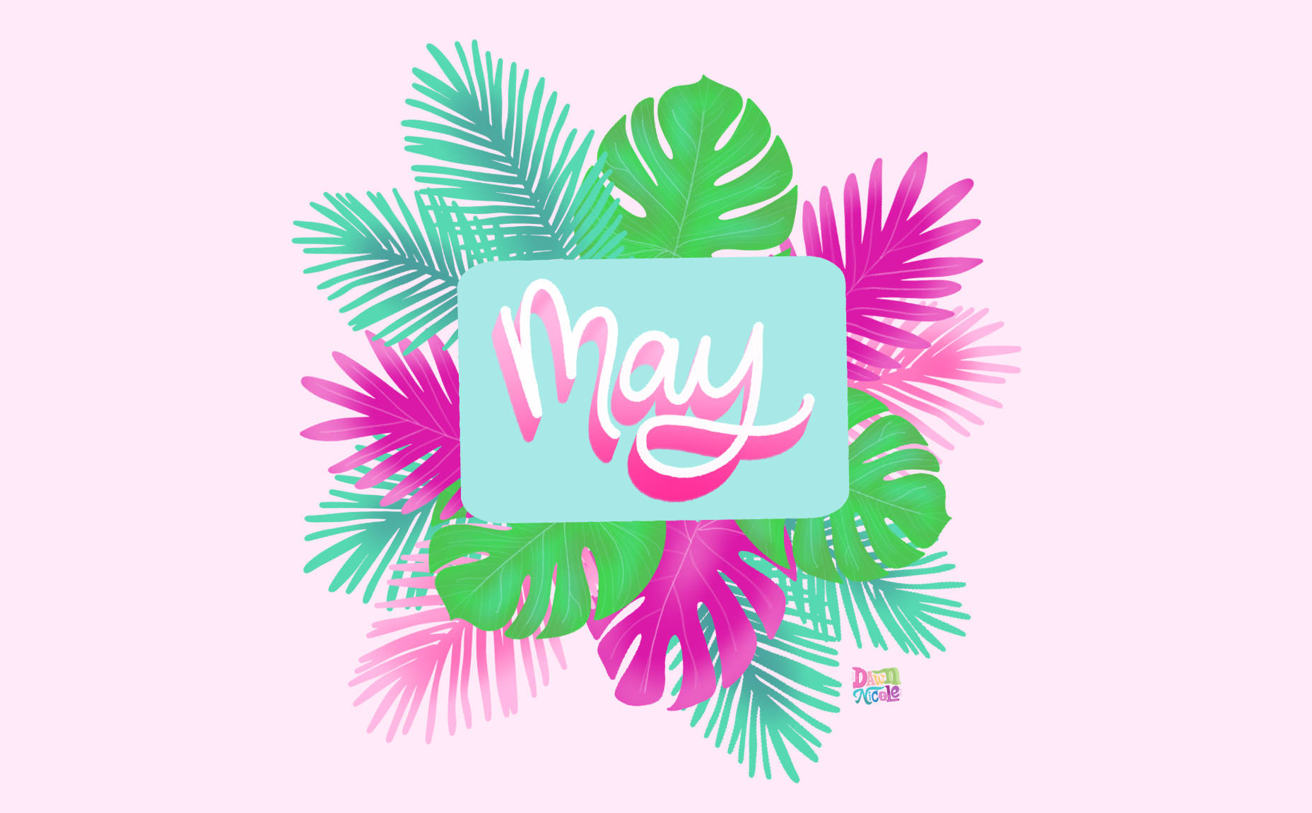熱帶葉子框住一個藍色盒子，上面用粉紅色手寫體寫著「May」。