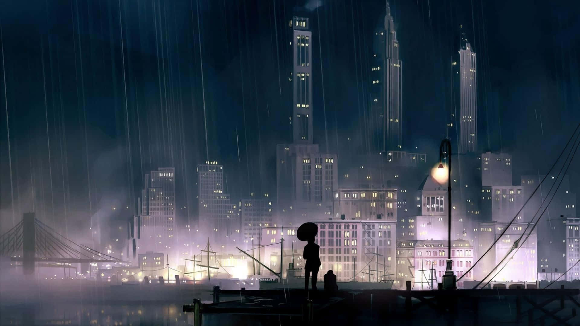 雨夜碼頭上撐傘的人的剪影，俯瞰夜晚燈火通明的城市。