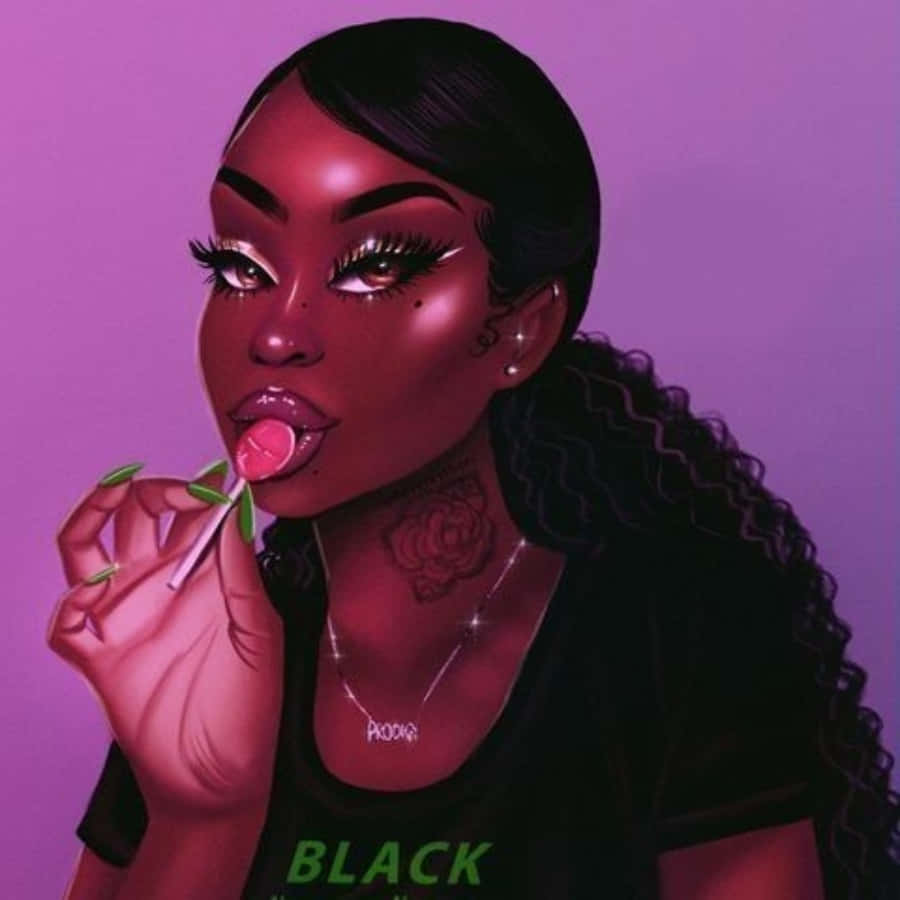 以你的 Baddie 風格征服世界！ 壁紙 — 一個風格化的數碼肖像，描繪一位深色皮膚、捲髮的女性在充滿活力的紫色背景前舔著粉紅色棒棒糖。