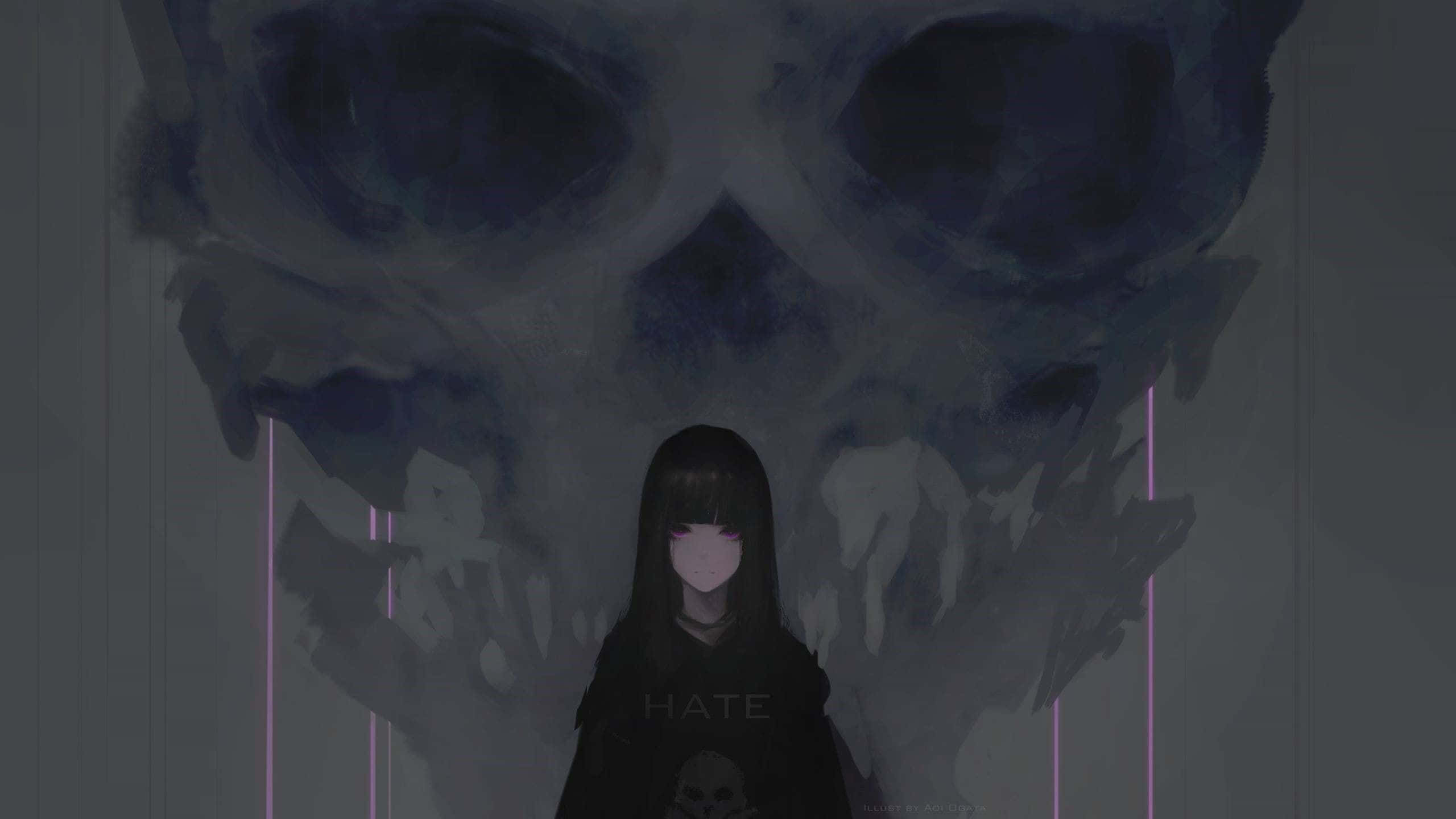 以你的電腦打造夢幻黑色與動畫風格 壁紙 — 一個黑暗動漫女孩，眼睛發光，站在一個 looming 的骷髏陰影前，營造出陰鬱的數位藝術場景。