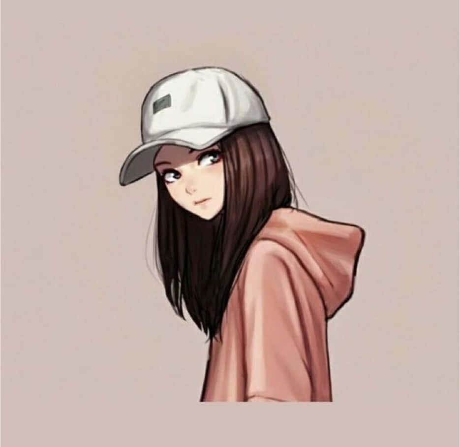 年輕動漫女孩戴著白色帽子，穿著粉紅色連帽衫，回頭凝視。