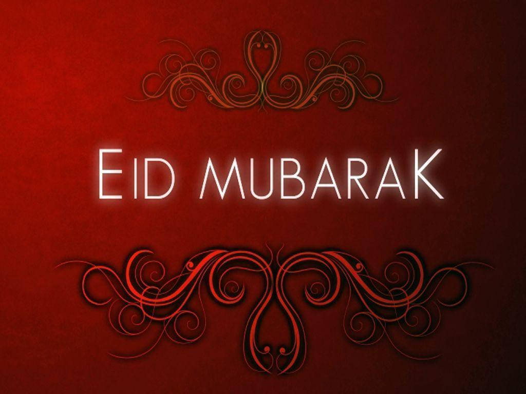 Eid Mubarak 祝福語，帶有發光文字和裝飾性漩渦，背景為紅色