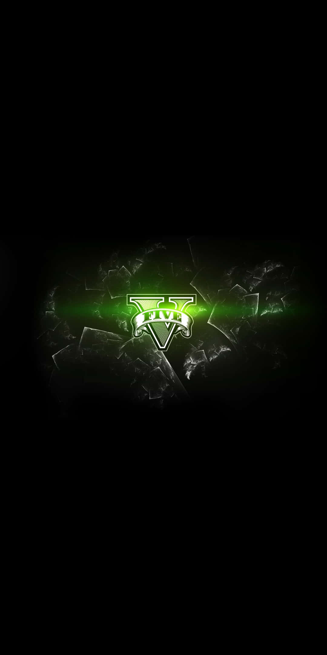 以像素3呈現《GTA V》逼真世界壁紙 壁紙 — 一個發光的綠色TDU標誌從破碎的玻璃中浮現，背景為黑色，帶有鏡頭光暈。