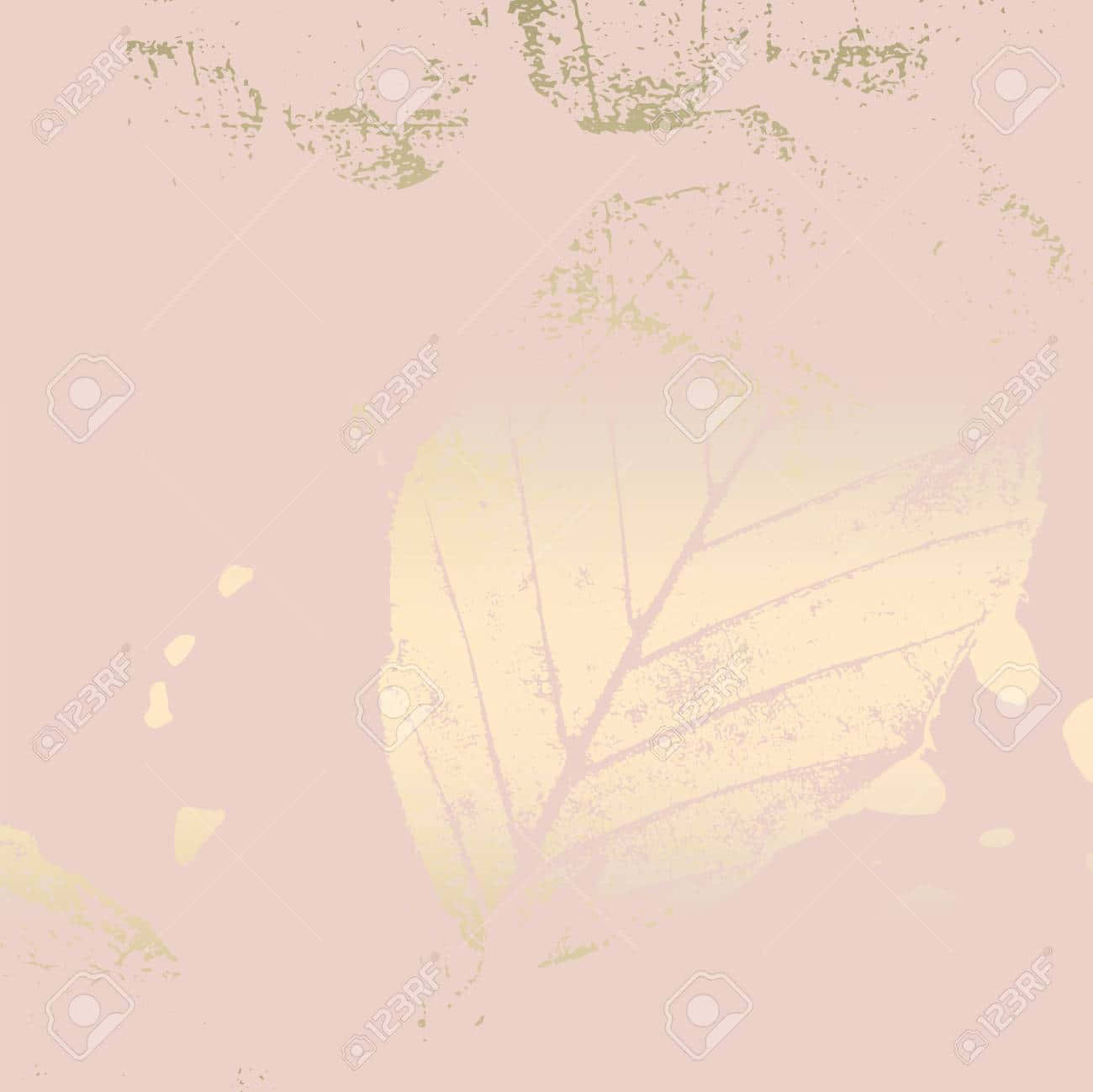 「以優雅風格裝點你的桌面」 壁紙 — 柔軟的粉紅色背景，帶有褪色的黃色葉子輪廓和綠色飛濺紋理。