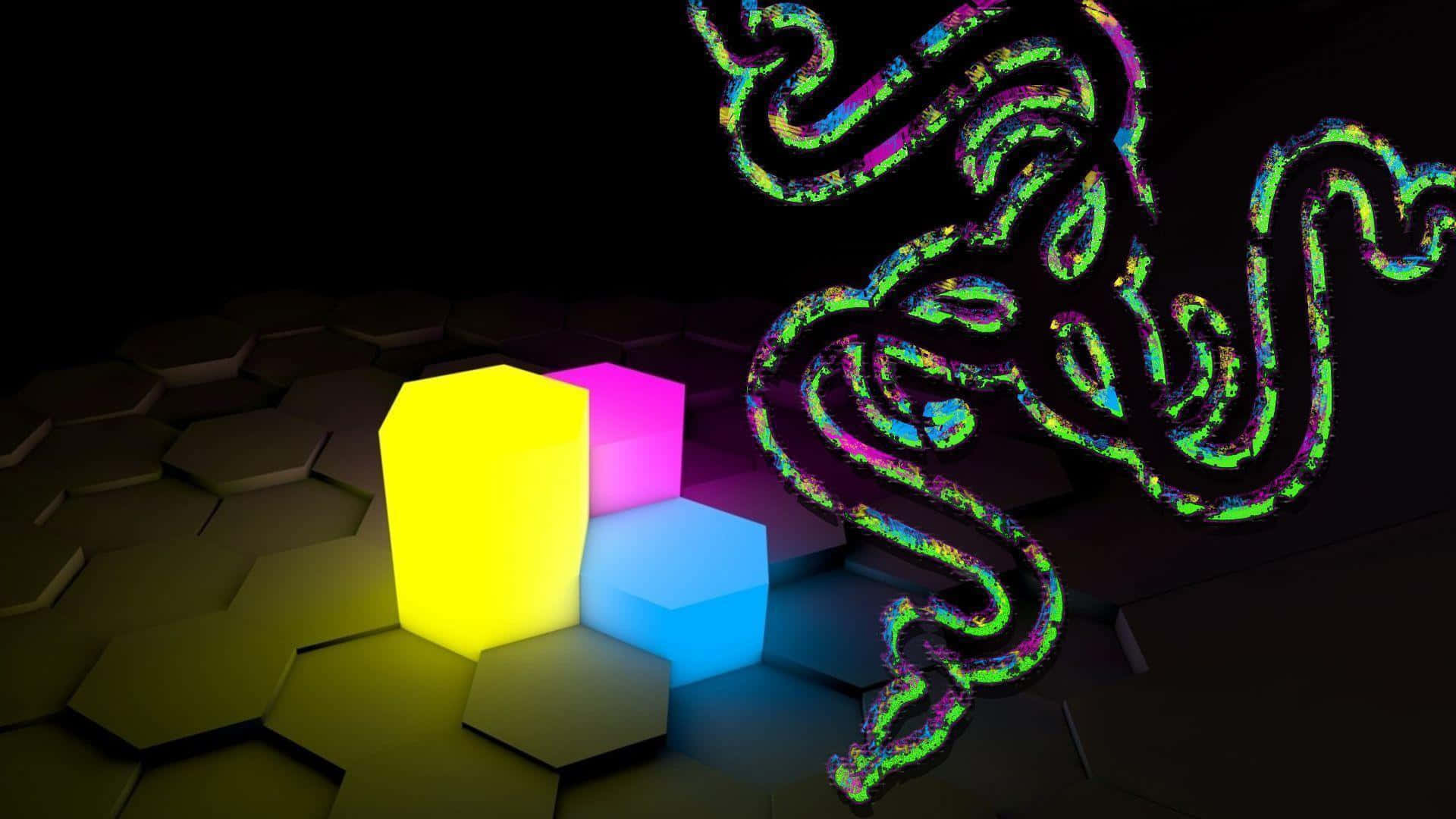 黑暗六邊形網格上的發光立方體和霓虹燈 Razer 標誌。