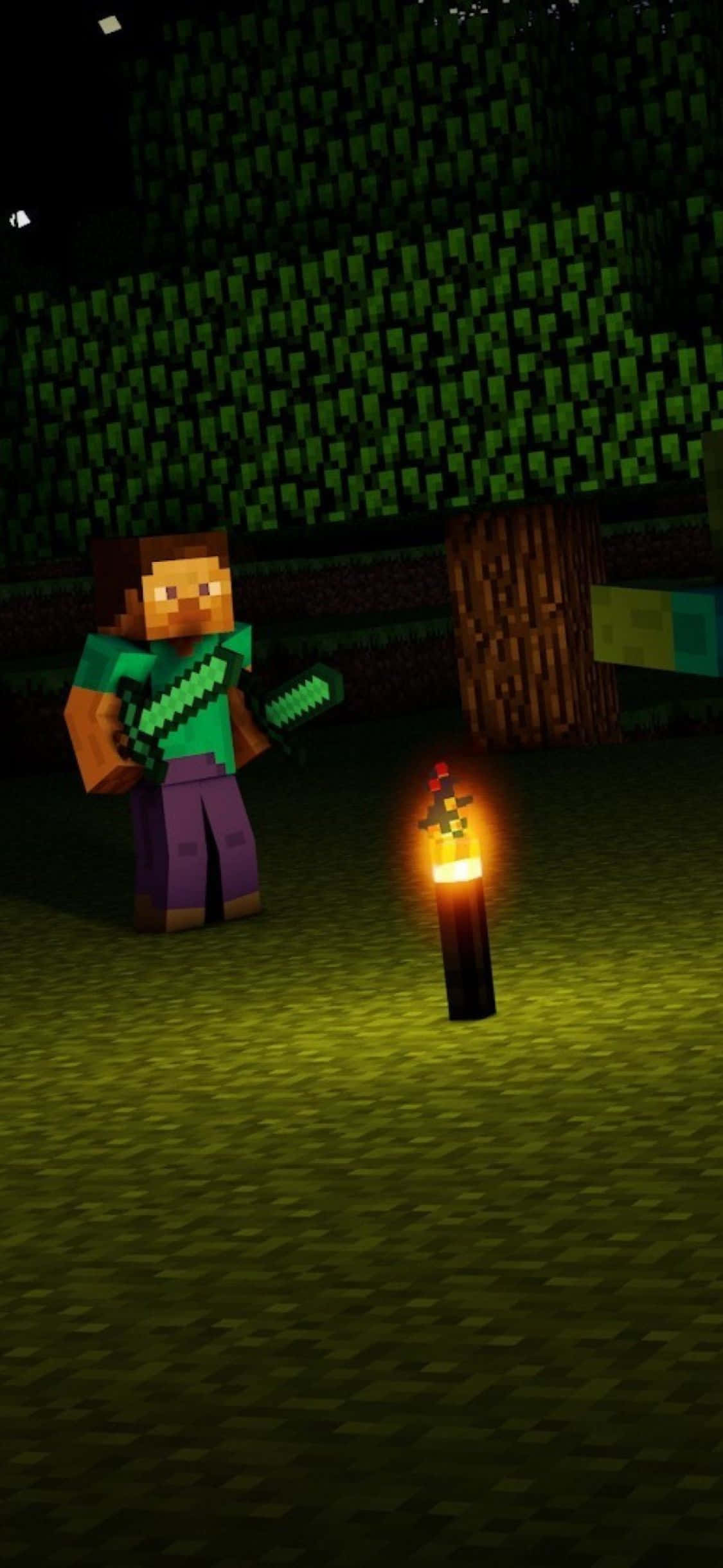 以全新 iPhone Xs 與 Minecraft 激發你的創意 壁紙 — 一名Minecraft玩家站在黑暗森林中手持劍，火炬將溫暖的光投射在草地和樹木上。