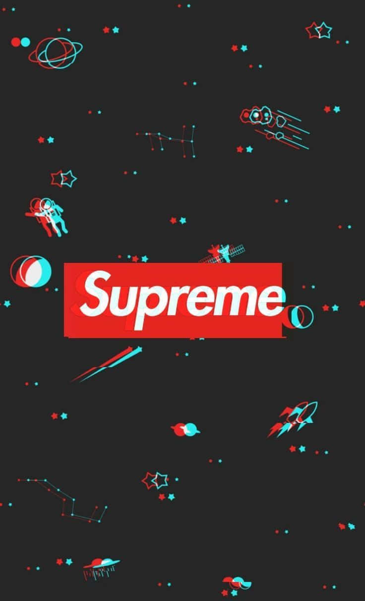 Supreme標誌被太空圖標環繞在深色背景上