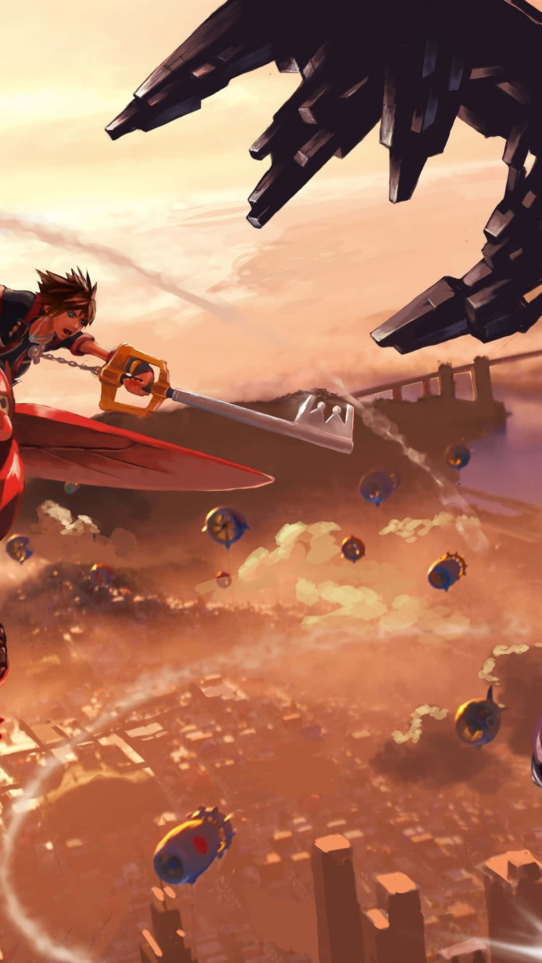 英雄在日落時分於城市上空與巨型機械怪物戰鬥
