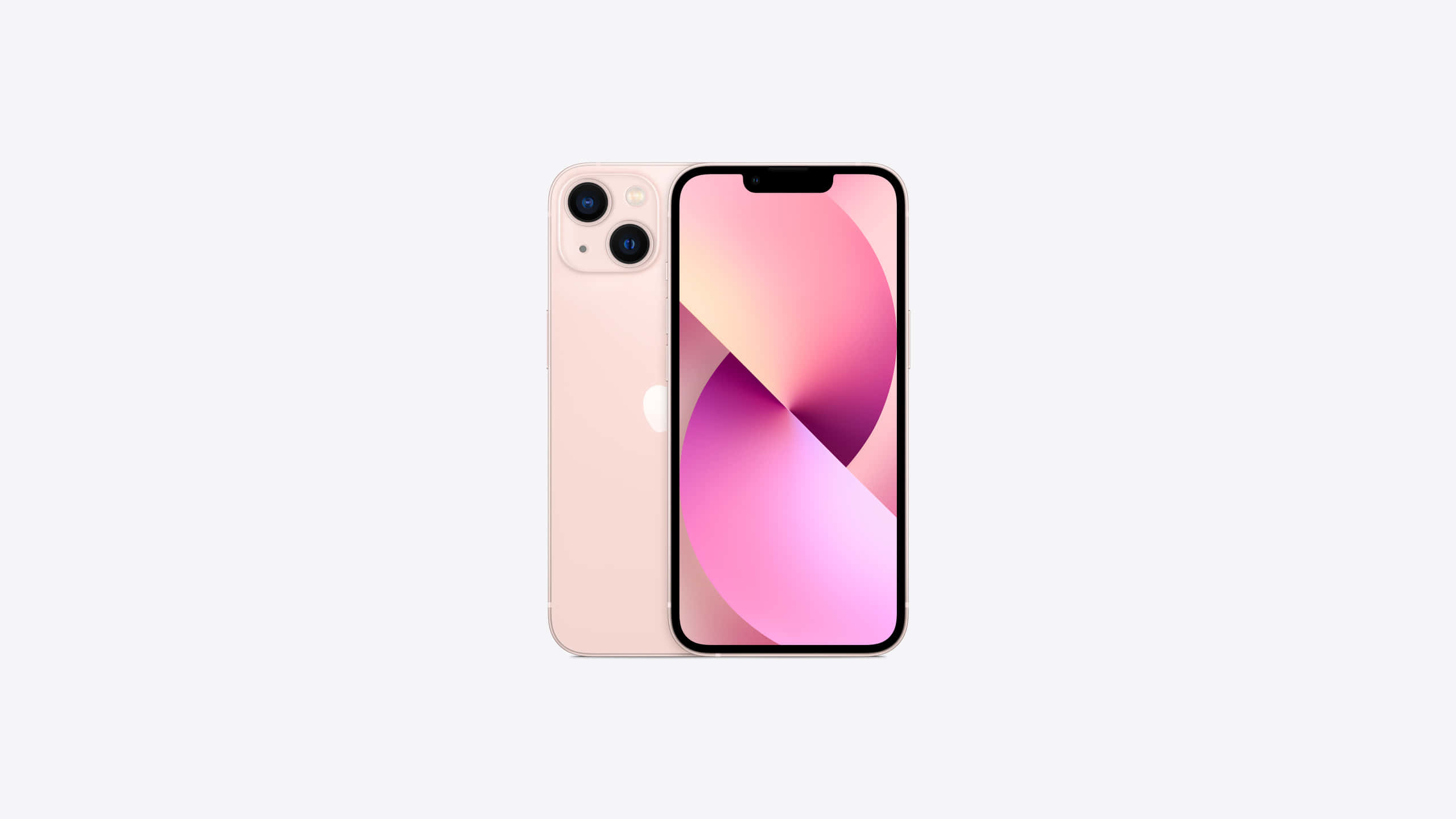 以全新Apple手機提升移動體驗 壁紙 — 粉紅色 iPhone 13 mini 正面和背面顯示在純白色背景上，帶有漸變粉紅紫色螢幕。