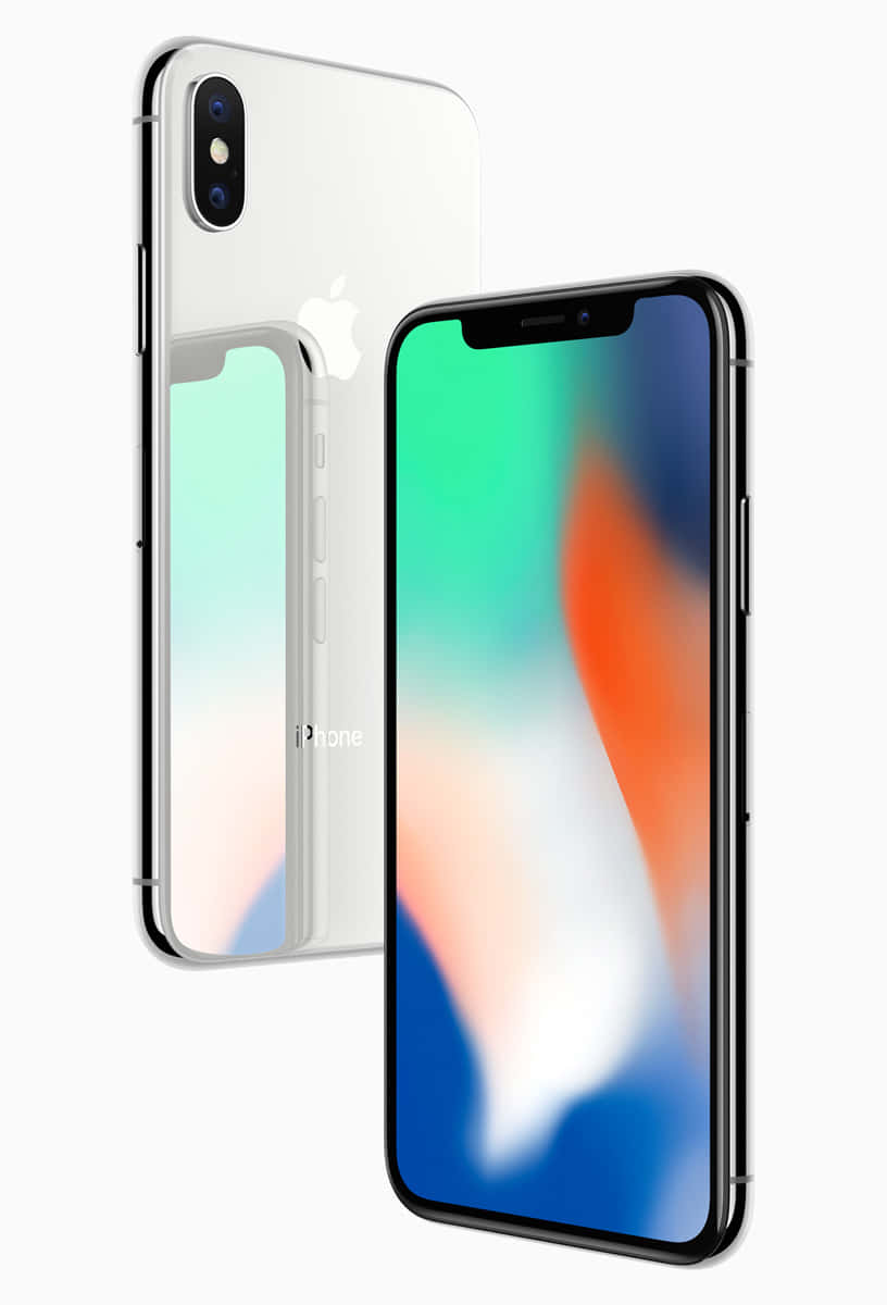 以全新iPhone提升線上活動體驗 壁紙 — 兩部iPhone X型號前後展示，背景為純白色，屏幕上帶有鮮豔的抽象壁紙。