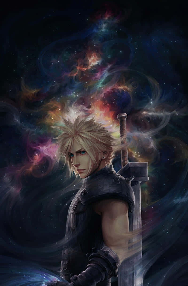 動漫戰士持劍對抗彩色宇宙星雲背景