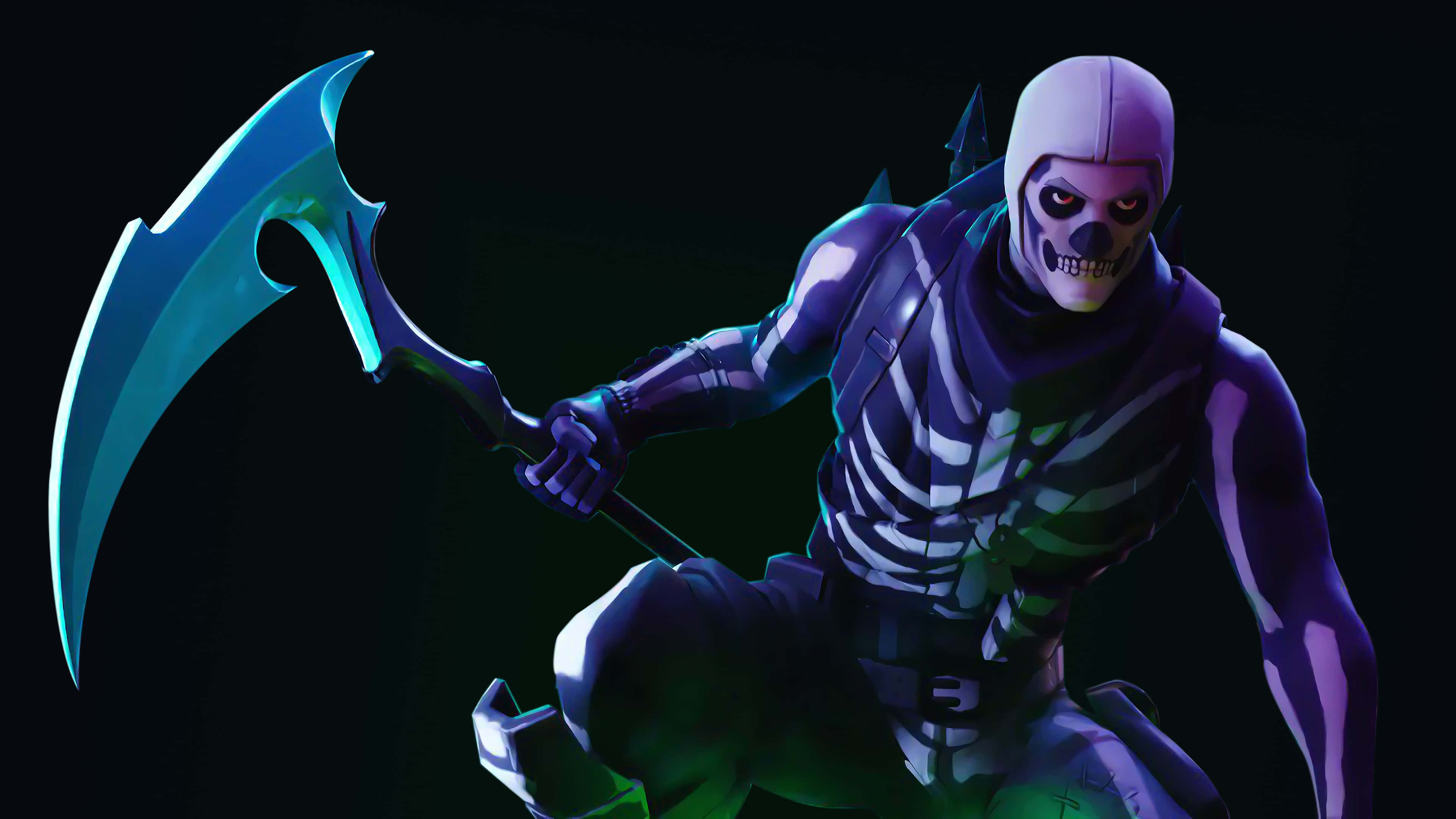Fortnite骷髏戰士在黑暗環境中手持發光藍色鐮刀。