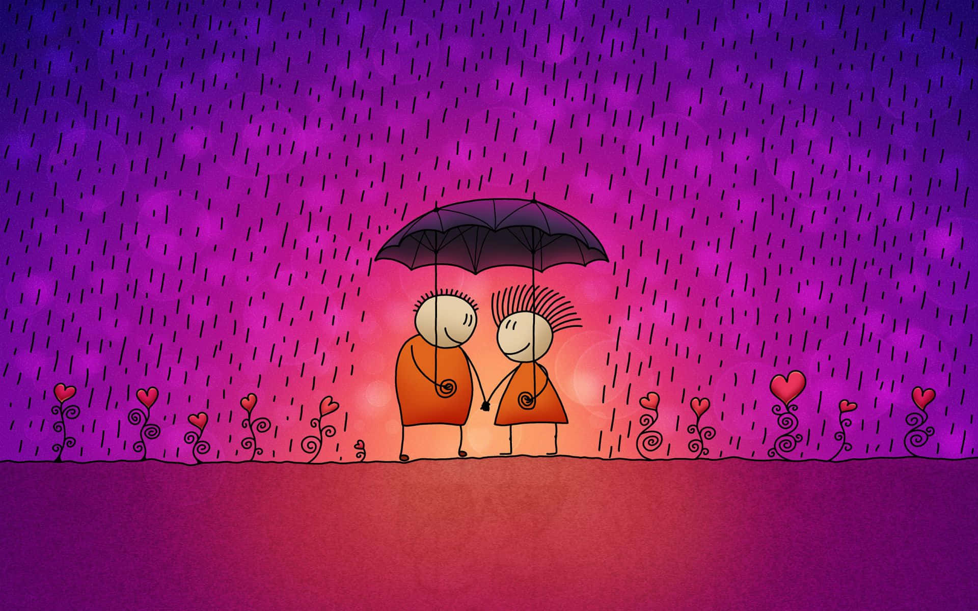 以冷粉為生活注入色彩 壁紙 — 兩個火柴人在充滿活力的紫色和粉紅色雨天下共用一把黑色雨傘，周圍有心形植物。