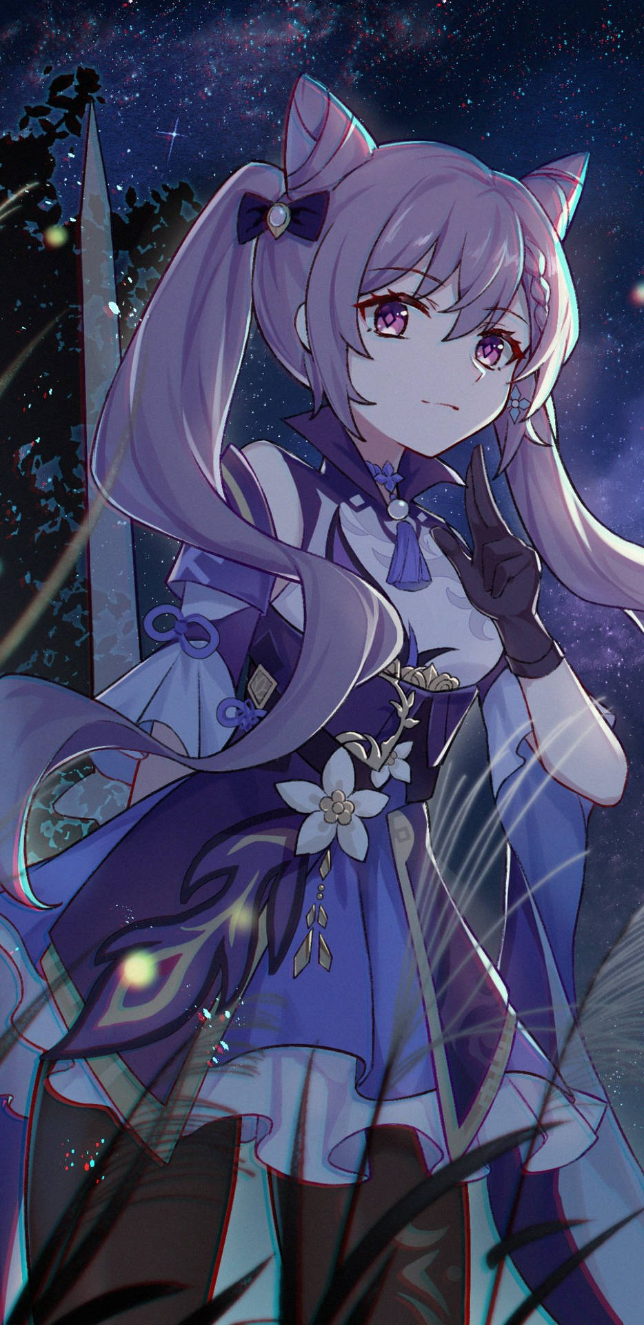 紫髮貓耳動漫少女在星空下手持發光劍。