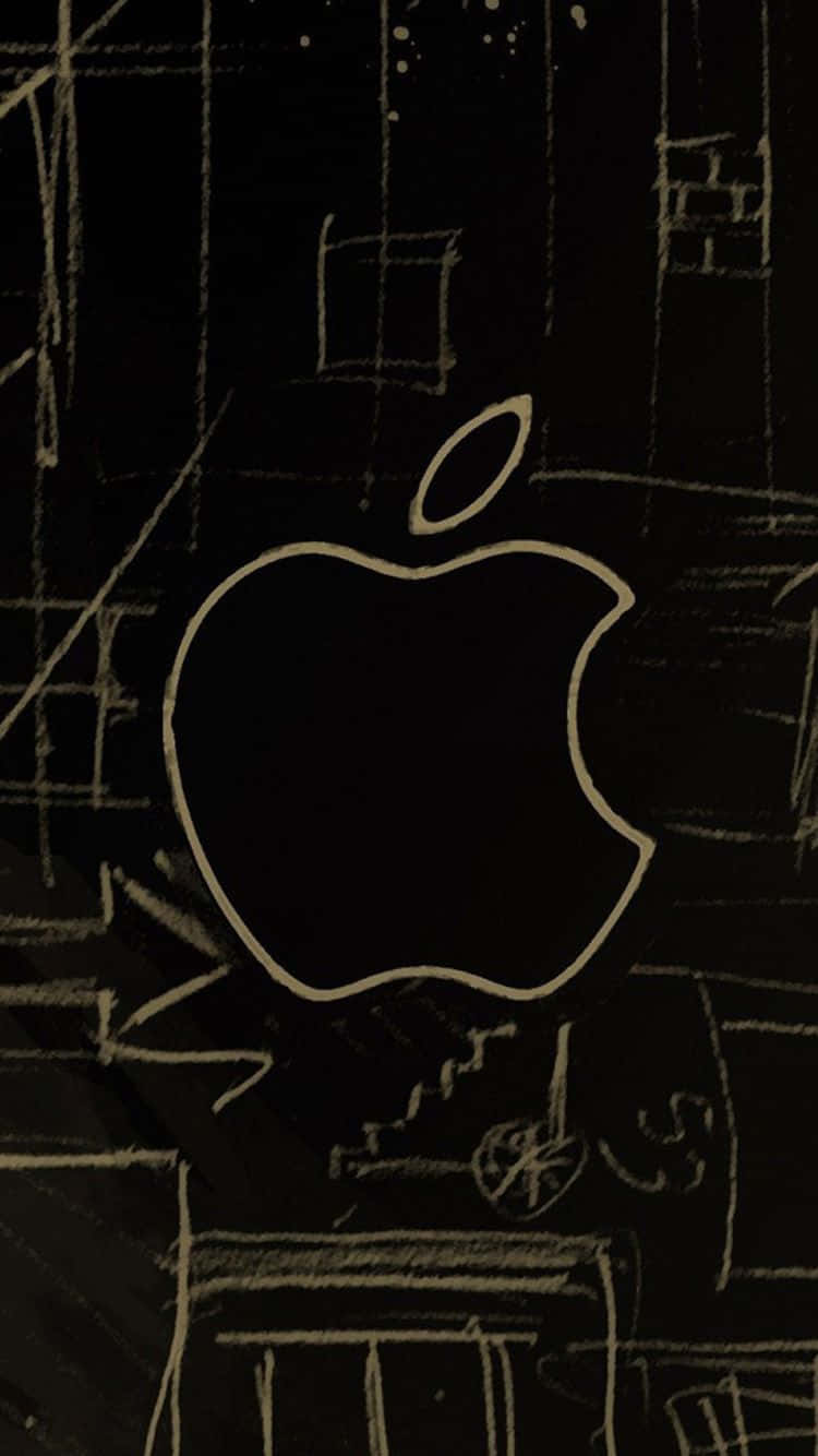 以創意iPhone為你的手機增添亮點！ 壁紙 — 在帶有抽象建築草圖的深色紋理背景上，用粉筆繪製的極簡Apple標誌。