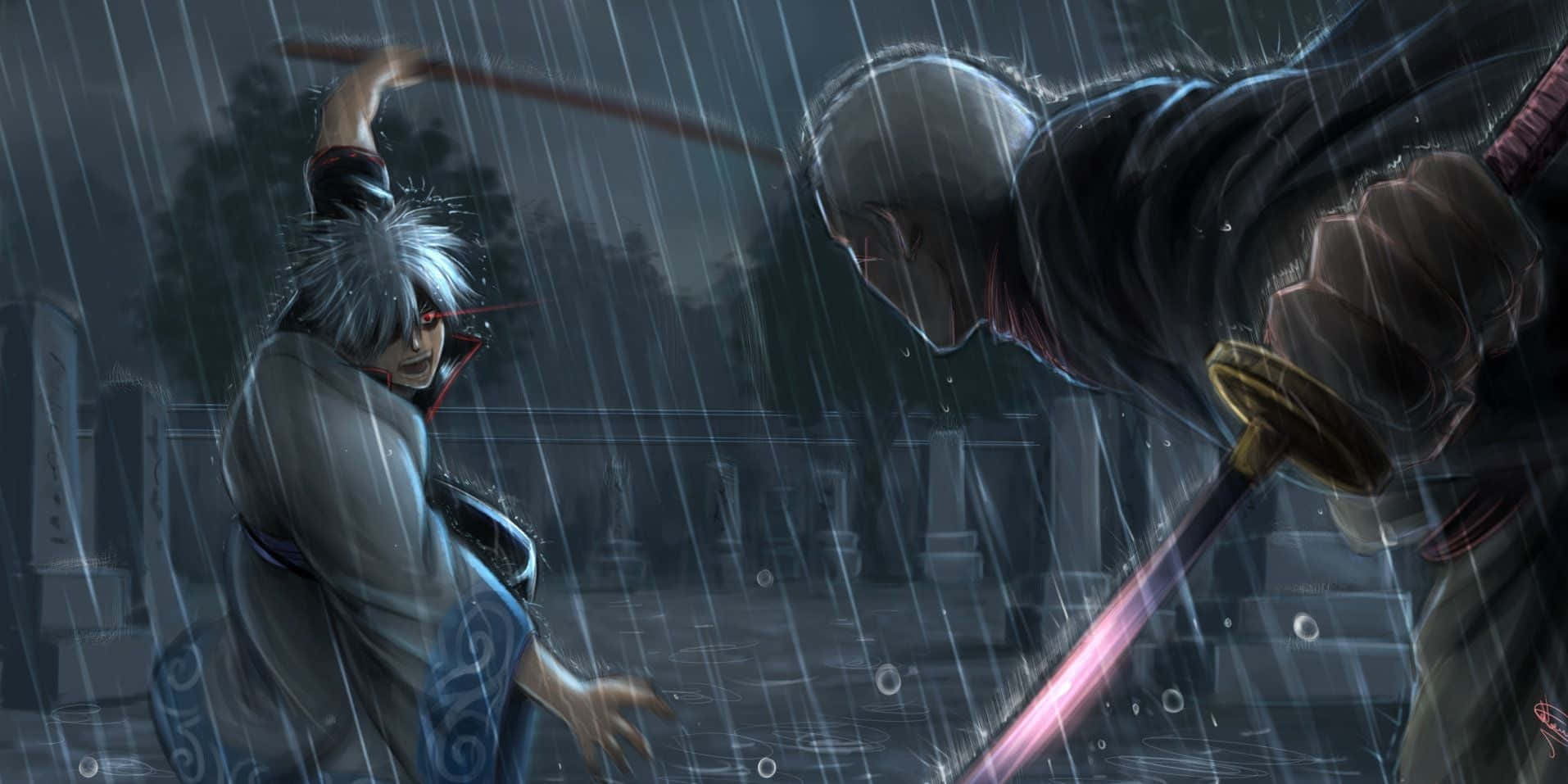 兩個武士在雨夜的墓地中持劍戰鬥。