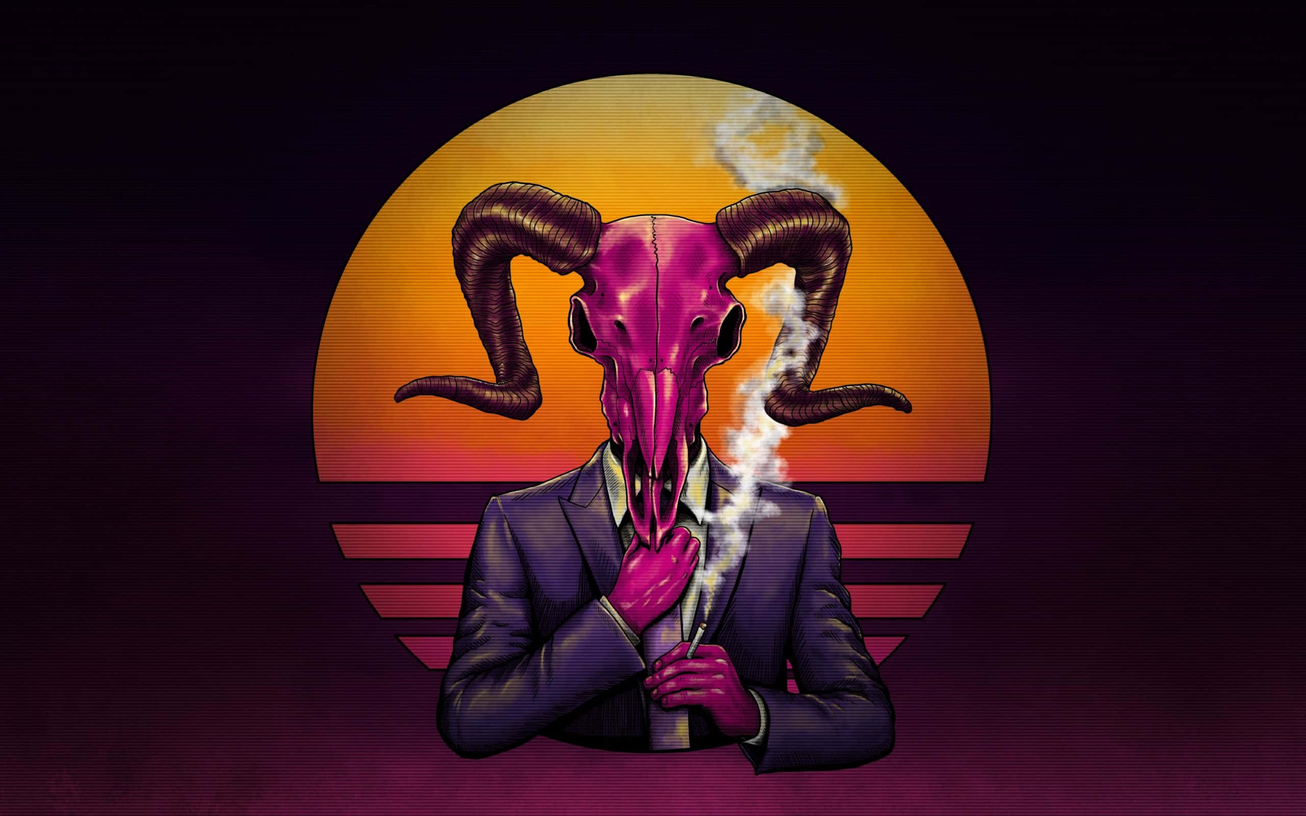 一個穿著西裝的公羊頭骨在日落時抽煙。