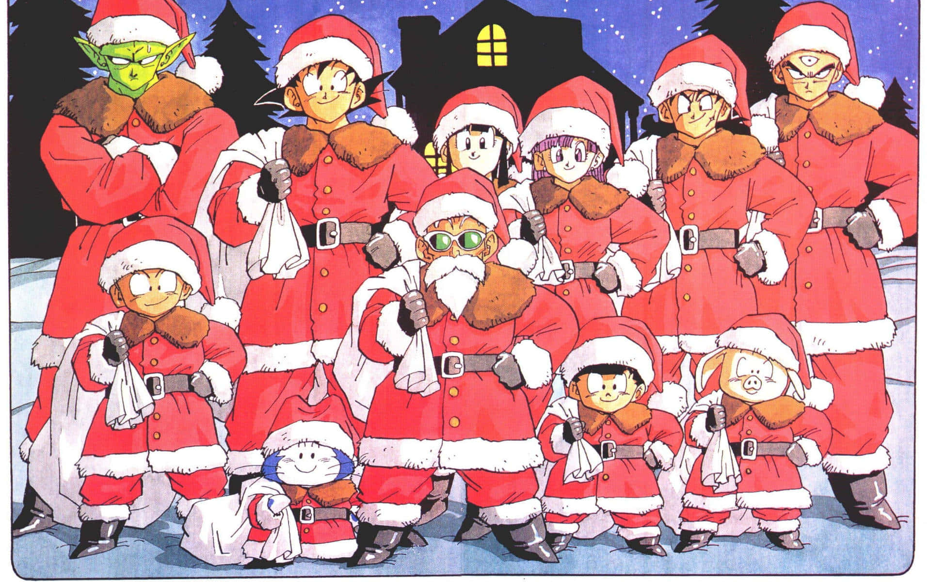 以動漫慶祝聖誕節 壁紙 — 一群龍珠角色穿著紅色聖誕老人服裝，在雪夜背景和亮燈的房子前愉快地擺姿勢。