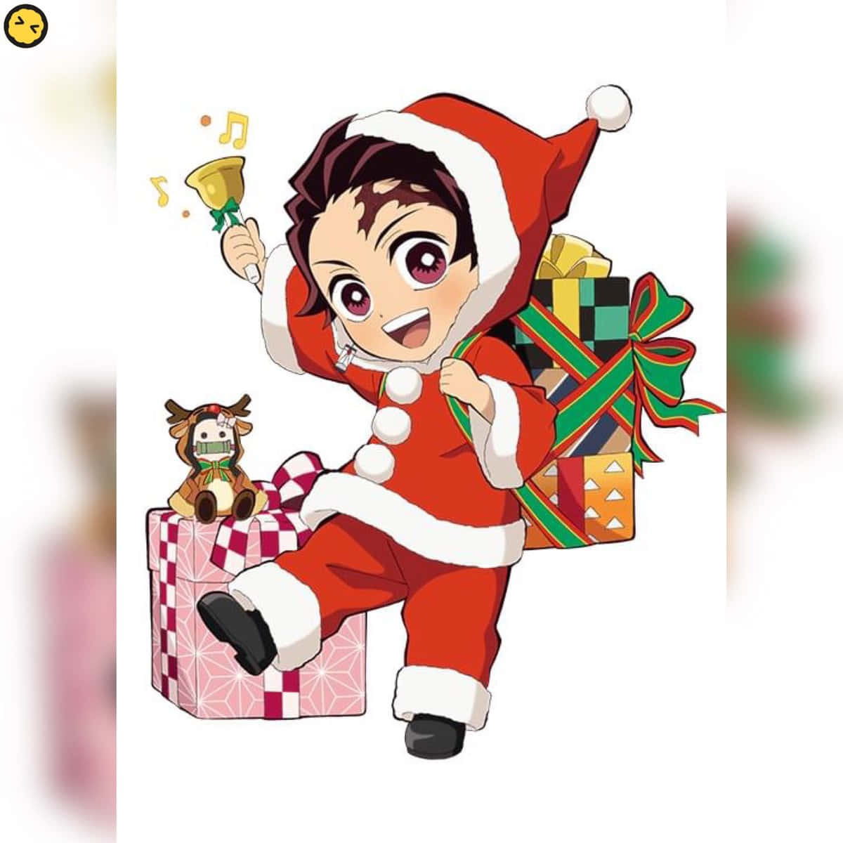以動漫聖誕節慶祝魔法季節 壁紙 — 一個開心的動畫男孩穿著聖誕老人服裝，高興地拿著鈴鐺，並在一個圖案禮物旁邊背著一袋色彩繽紛的禮物。