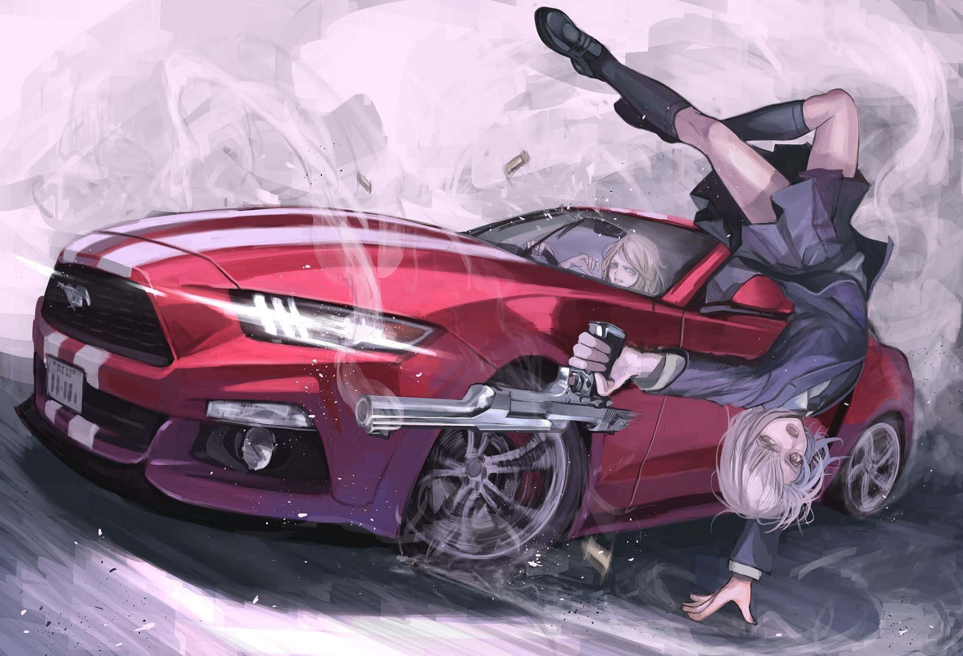 以動漫跑車釋放你的速度狂熱 壁紙 — 銀髮動漫女孩身穿深色服裝，從一輛疾馳的紅色野馬敞篷車中揮舞著槍支，做出動態踢擊。