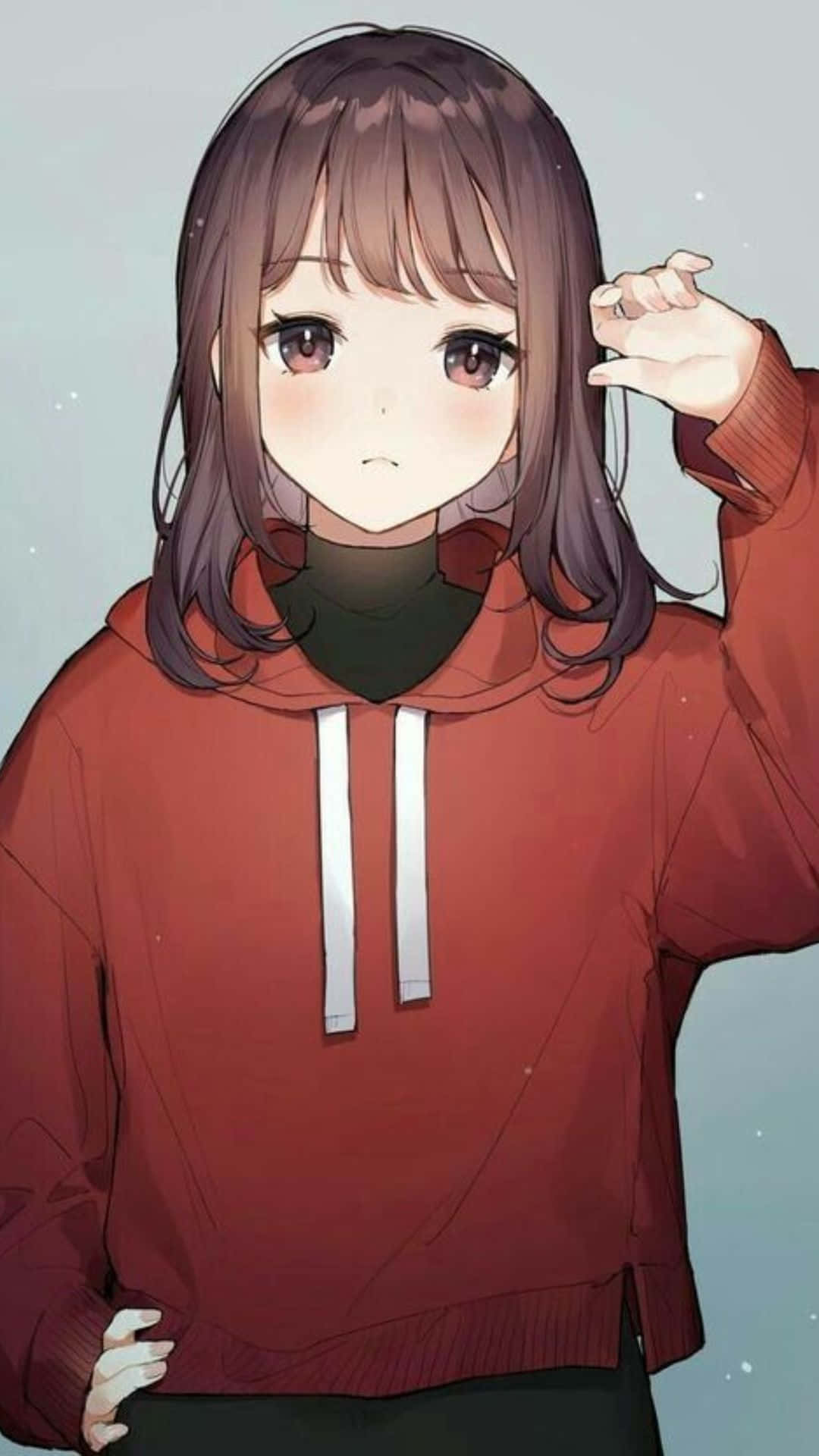 以動漫頭像實現你的夢想 壁紙 — 動畫女孩，棕色頭髮，紅色連帽衫，輕輕將頭靠在柔軟的藍色背景上。