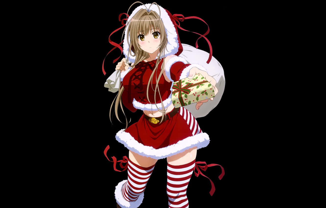以動漫風格慶祝聖誕節——充滿節日歡樂！ 壁紙 — 動漫女孩穿著紅色聖誕老人服裝，在黑色背景上拿著禮物和袋子，飄帶飄揚。