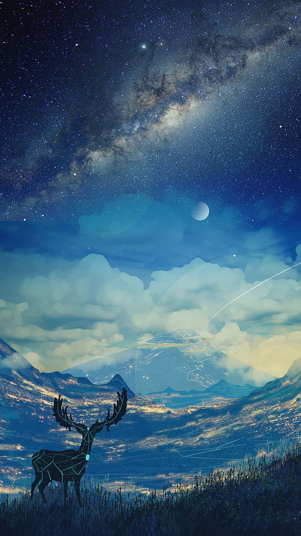 一隻幾何鹿在積雪的山谷中，下方是星空夜空，有銀河和新月。