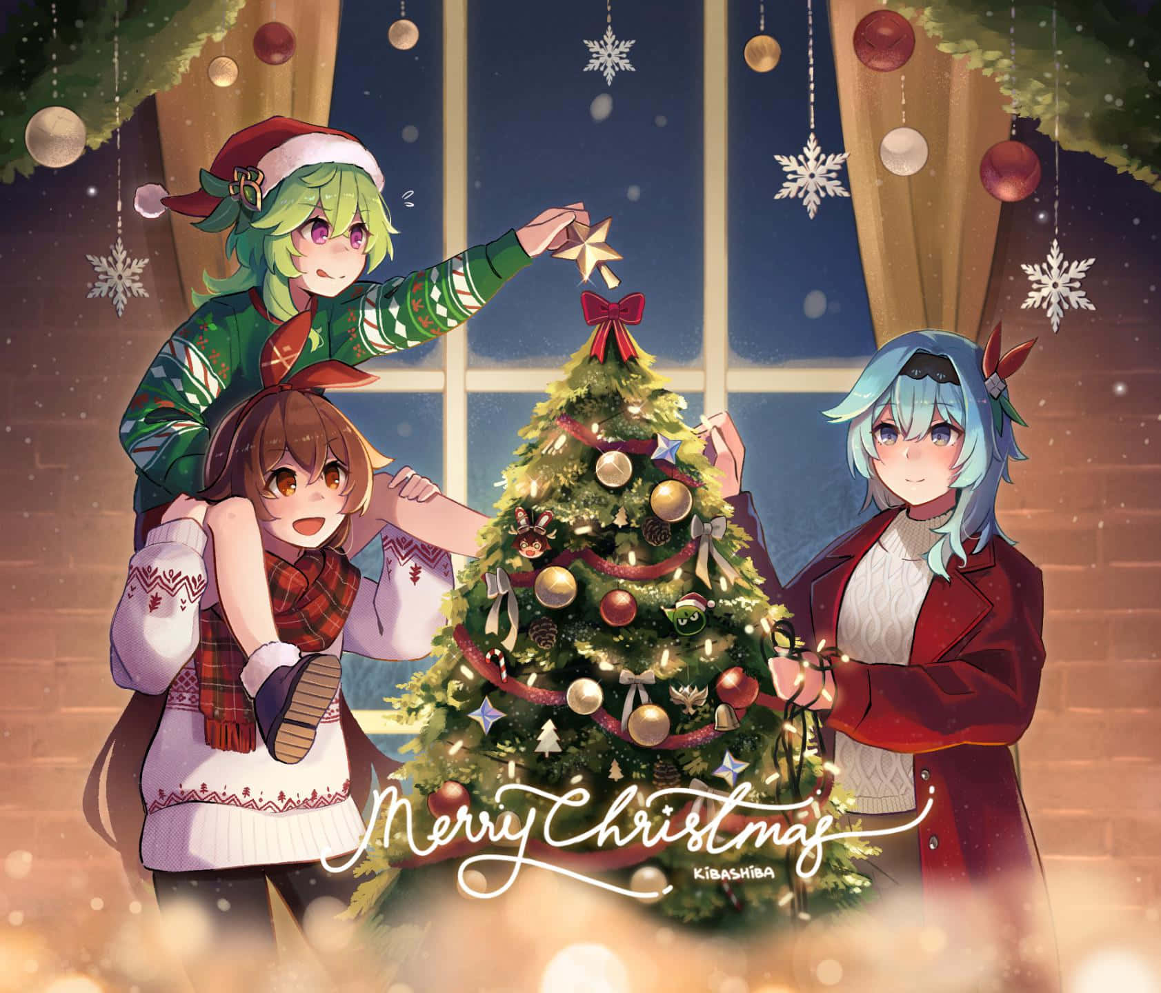 以動畫風格慶祝聖誕節！ 壁紙 — 三個動漫女孩穿著節日毛衣，在雪窗燈光下用裝飾品和星星裝飾發光的聖誕樹。