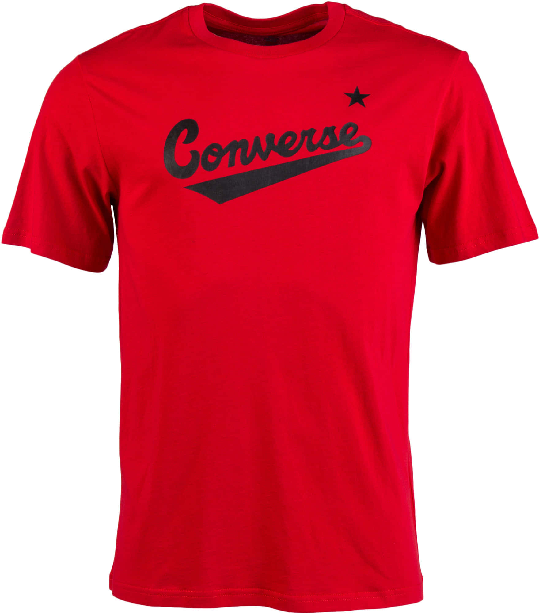 以匡威鞋，展現無敵時尚 壁紙 — 一件鮮紅色嘅Converse T恤，上面有黑色字體標誌同星星，背景係純白色。