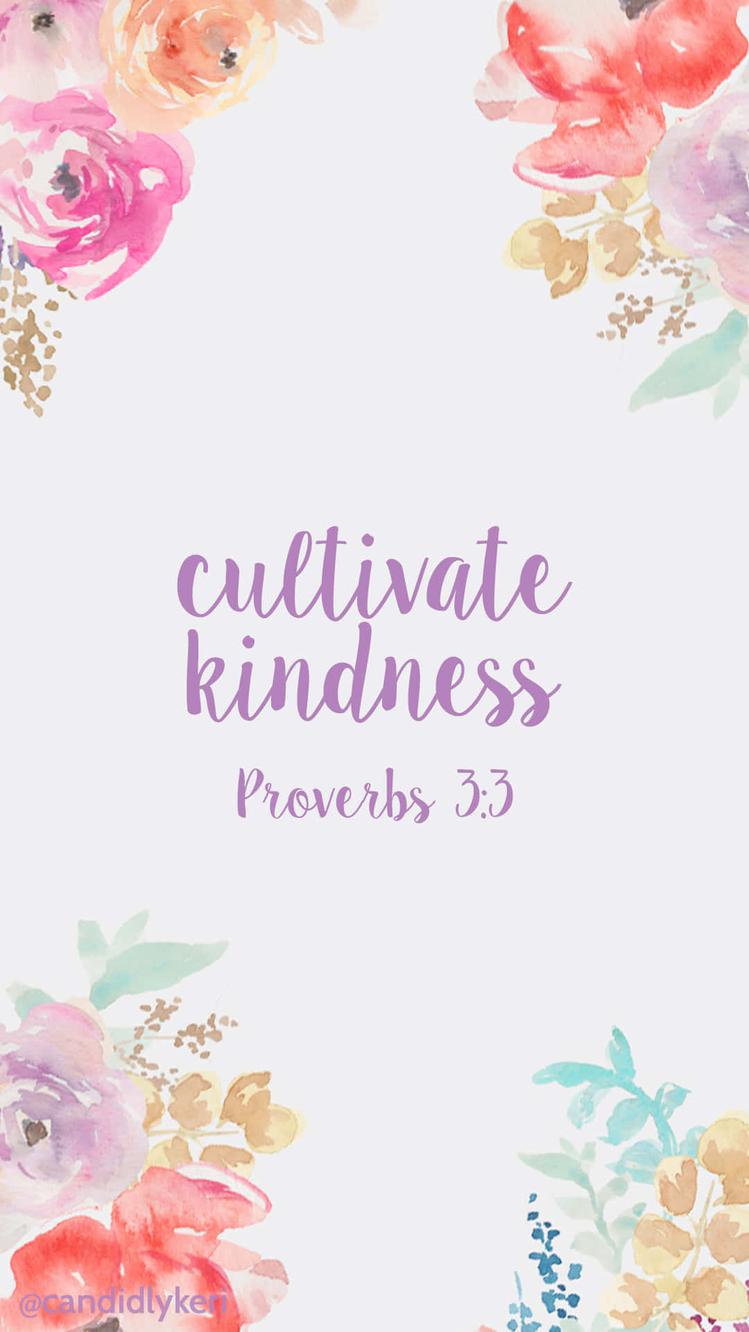 水彩花卉邊框，帶有紫色手寫的「cultivate kindness」引言。