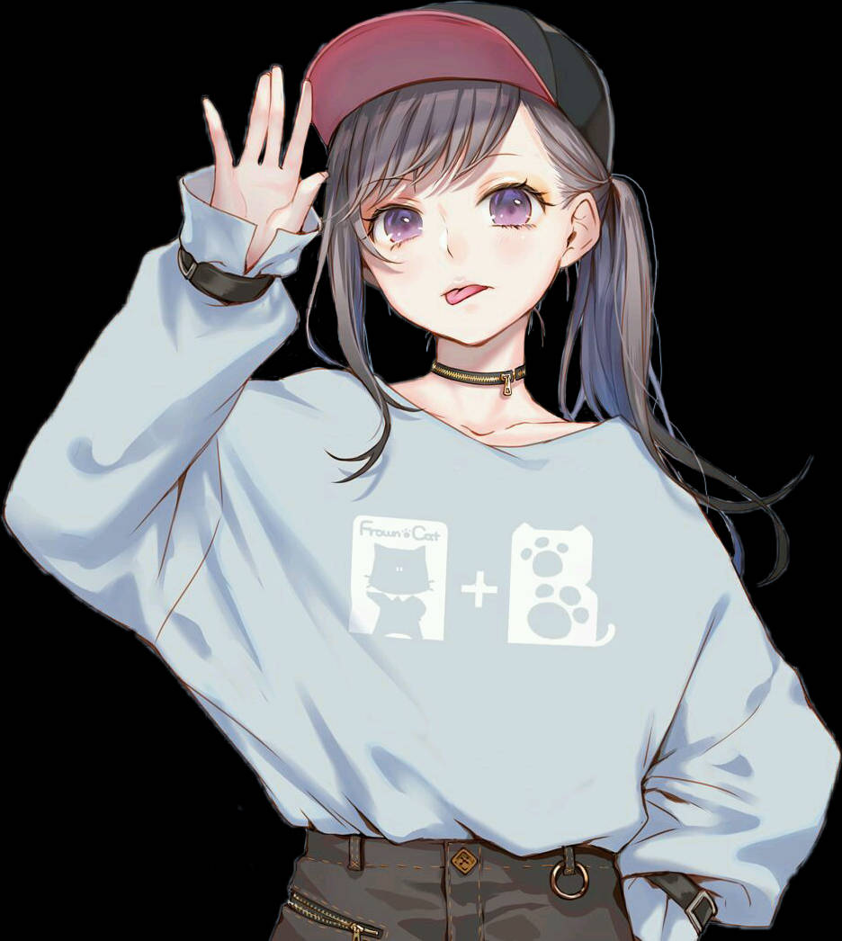 灰色頭髮和紫色眼睛的動漫女孩戴著帽子和淺藍色運動衫揮手。