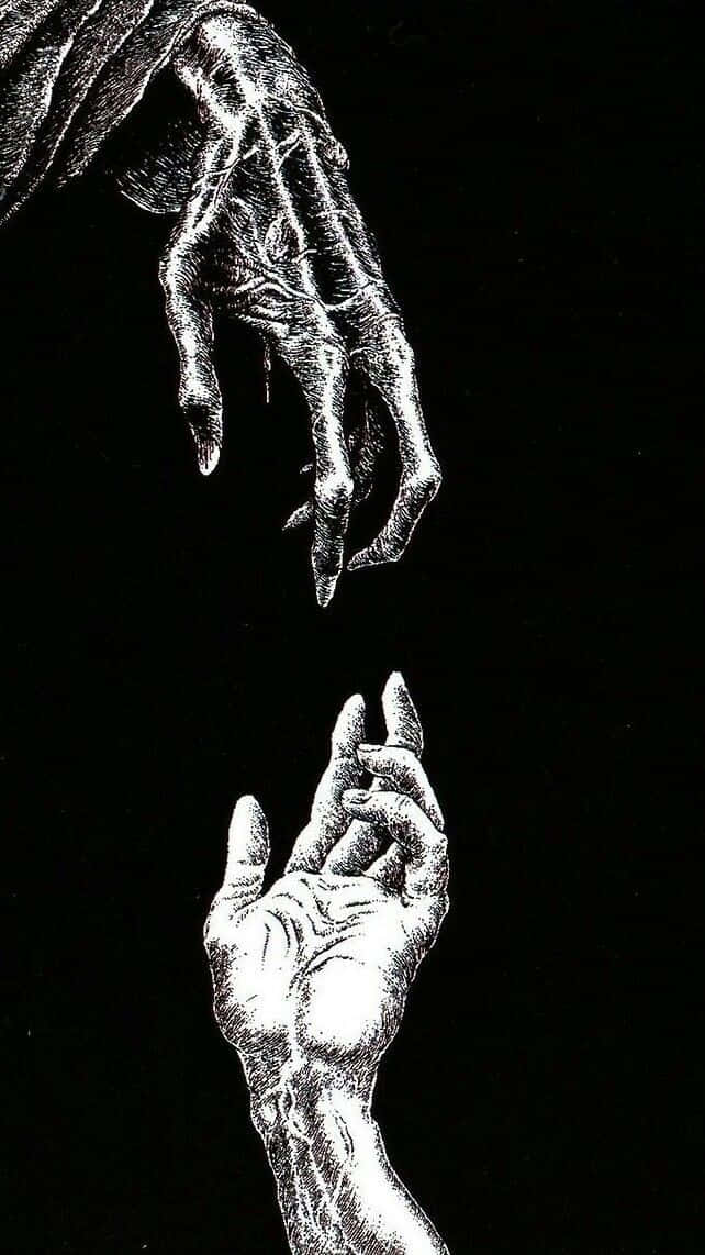 兩隻手互相伸向對方，一隻骷髏手，一隻人類手，黑白線條藝術。